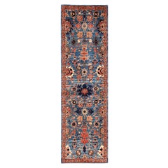 2'10"x9'7" Imperial Blue Heriz All Over Design Hand Knotted Soft Wool Runner Rug