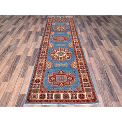 2'10"x9'7" Jelly Bean Blue Special Kazak Hand Knotted Wool Runner Oriental Rug