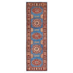 2'10"x9'7" Jelly Bean Blue Special Kazak Hand Knotted Wool Runner Oriental Rug