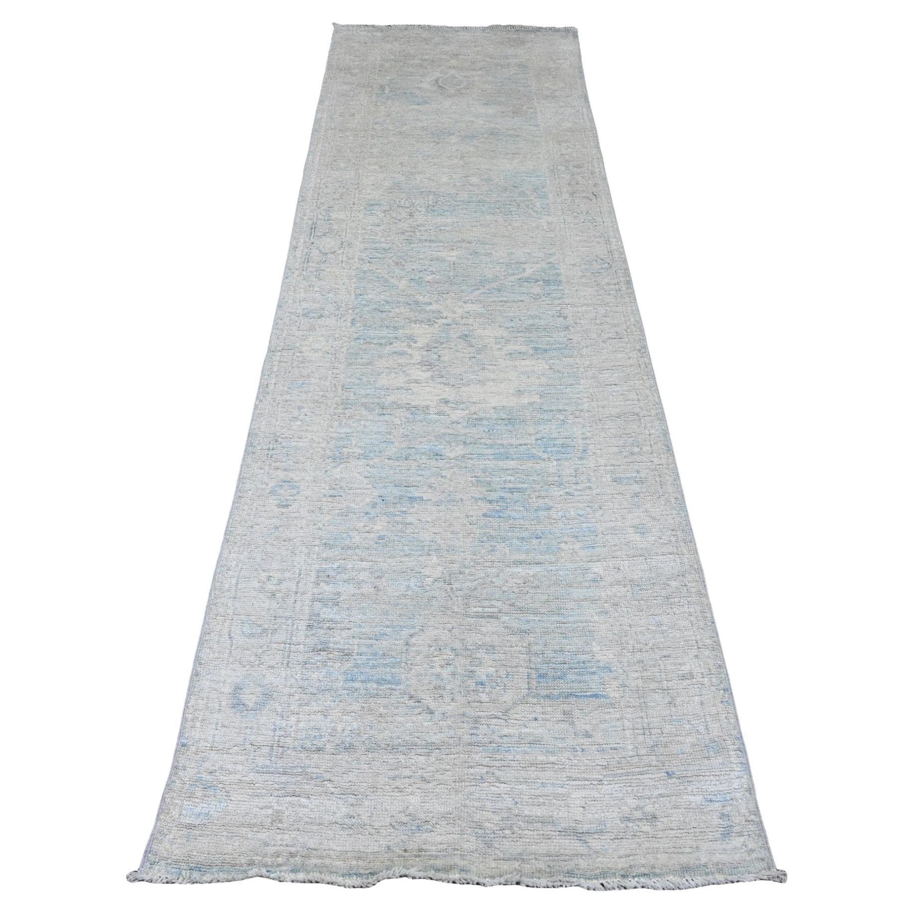 2'10"x9'7" Steinblauer Angora Oushak Blatt Design Wolle Handgeknüpfter Läufer mit Oushak-Blattmuster