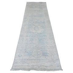 2'10"x9'7" Stone Blue Angora Oushak Leaf Design Wool Hand Knotted Runner Rug