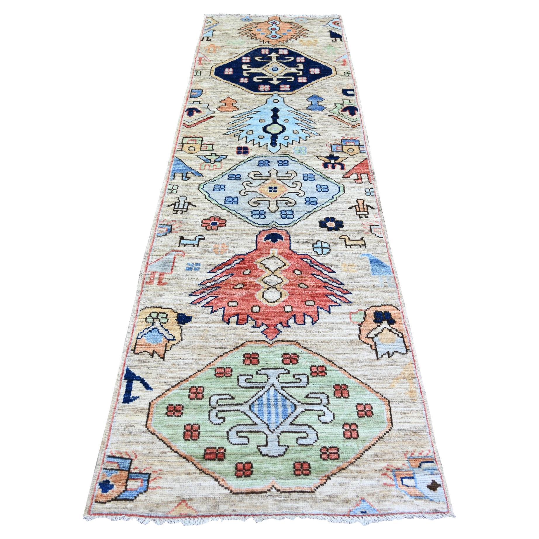 2'10"x9'7" Tan Anatolian Village Inspired Design Wool Hand Knotted Runner Rug