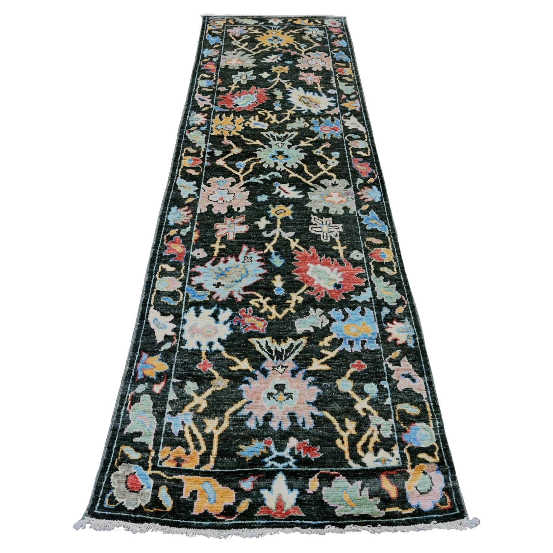 2'10"x9'8" Black Afghan Angora Oushak Leaf Design Hand Knotted Wool Runner Rug