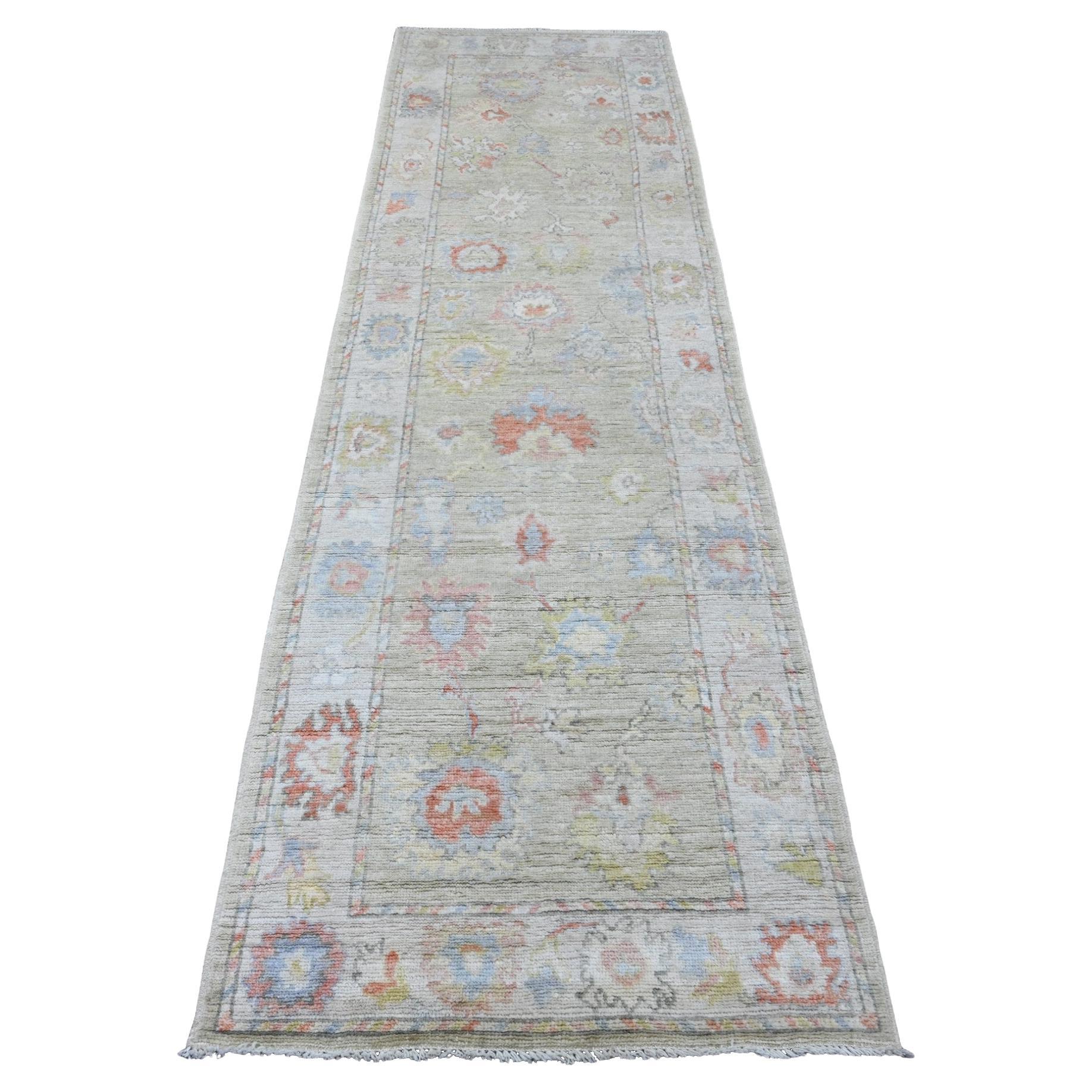 2'10"x9'8" Green Hand Knotted Afghan Angora Oushak Leaf Design Wool Runner Rug