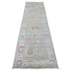 2'10"x9'8" Green Hand Knotted Afghan Angora Oushak Leaf Design Wool Runner Rug