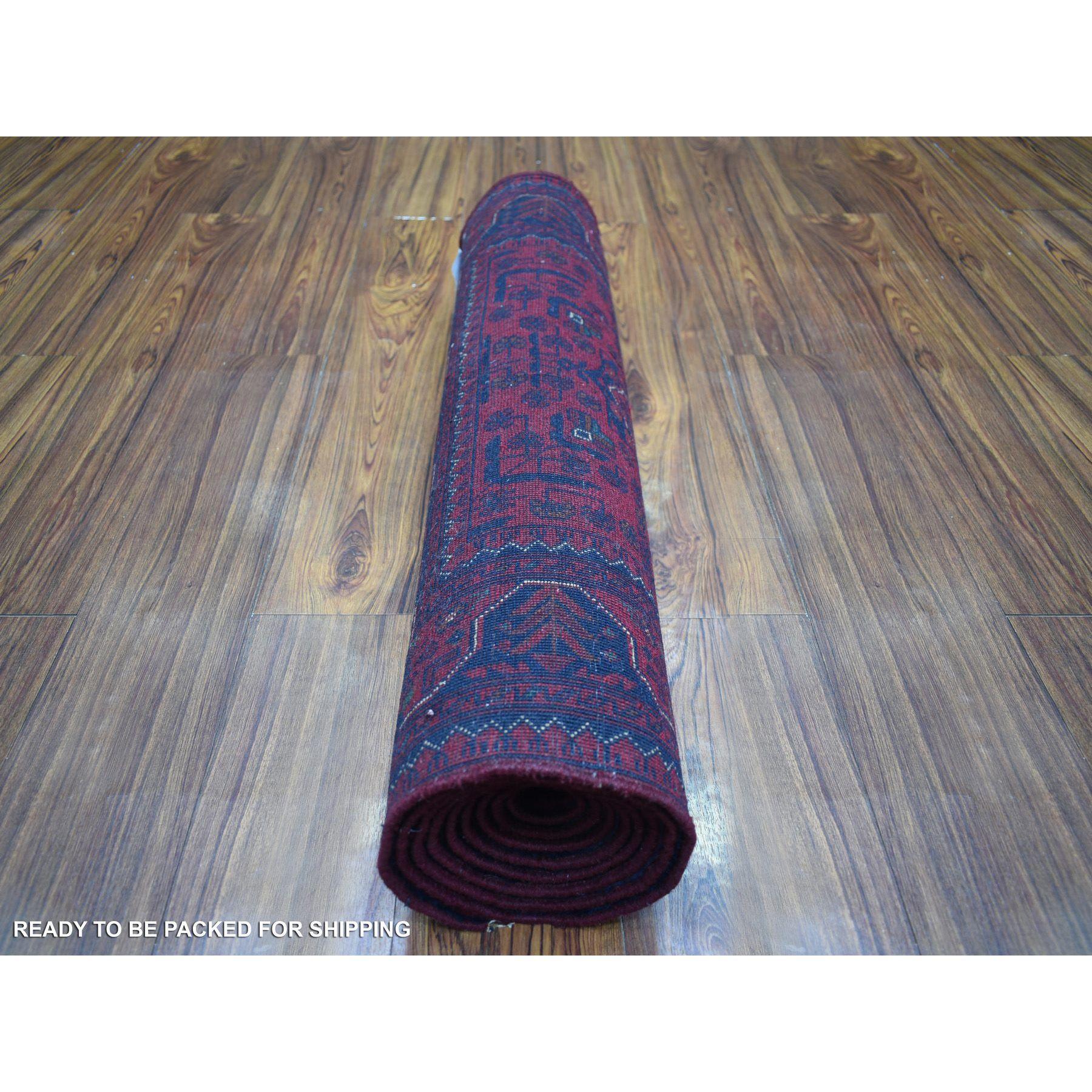 Afghano Tappeto Runner in lana afghana Khamyab con disegno tribale rosso annodato a mano 2'10 