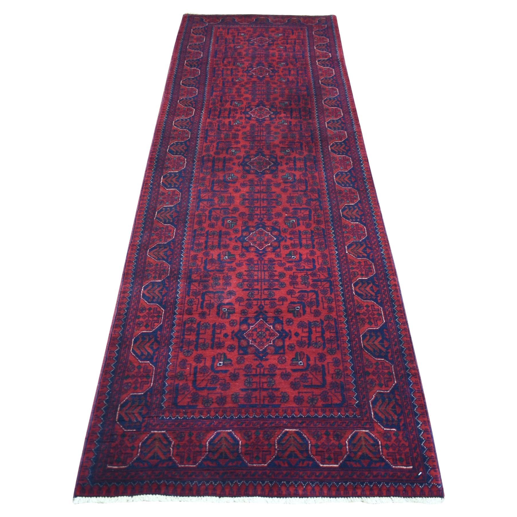 2'10"x9'8" Red Tribal Design Hand Knotted Afghan Khamyab Wool Runner Rug
