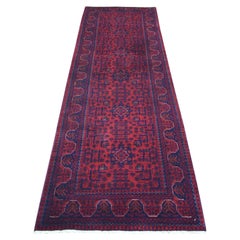 2'10"x9'8" Red Tribal Design Hand Knotted Afghan Khamyab Wool Runner Rug