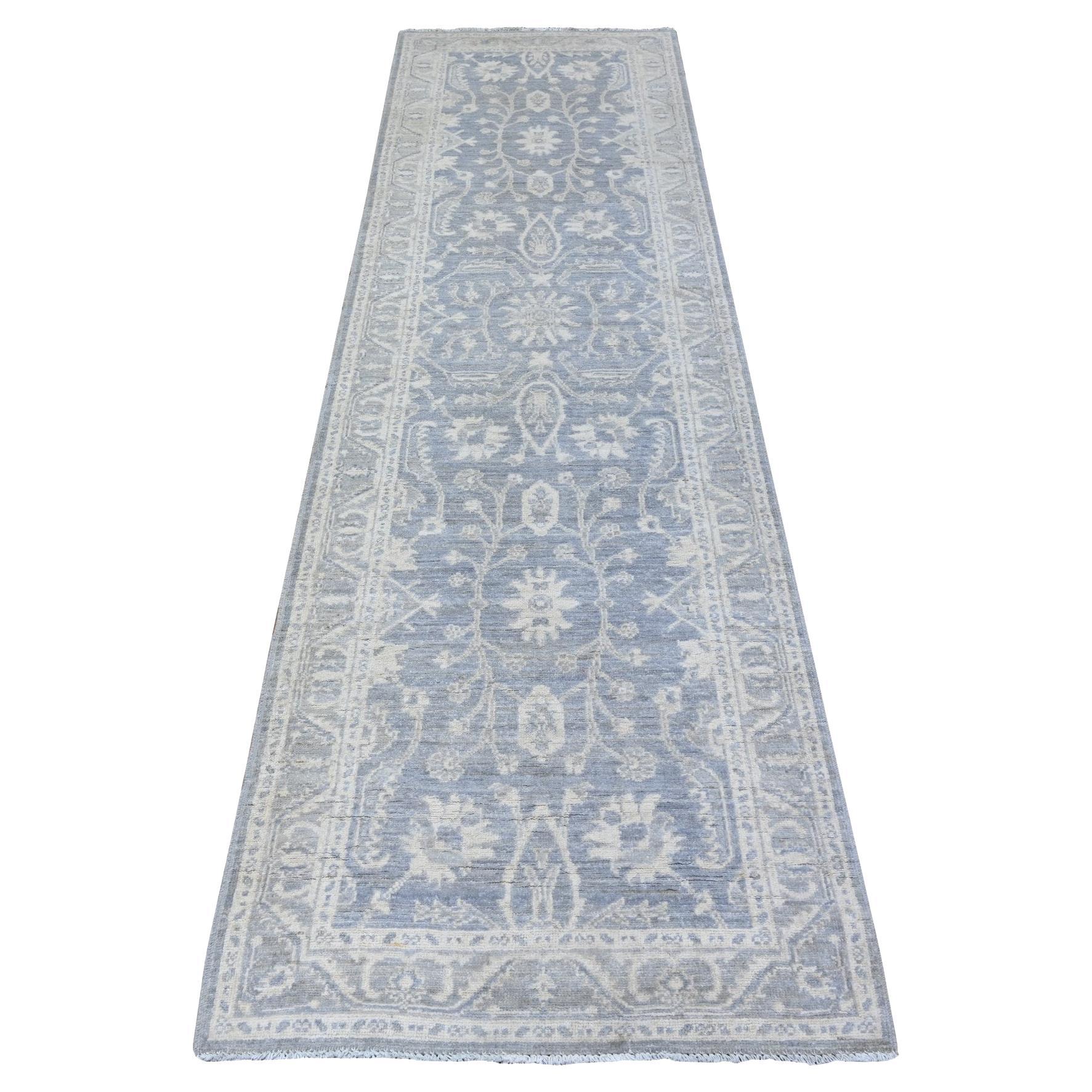 2'10"x9'9" Cadet Gray, White Wash Peshawar, Hand Knotted, 100% Wool Runner Rug