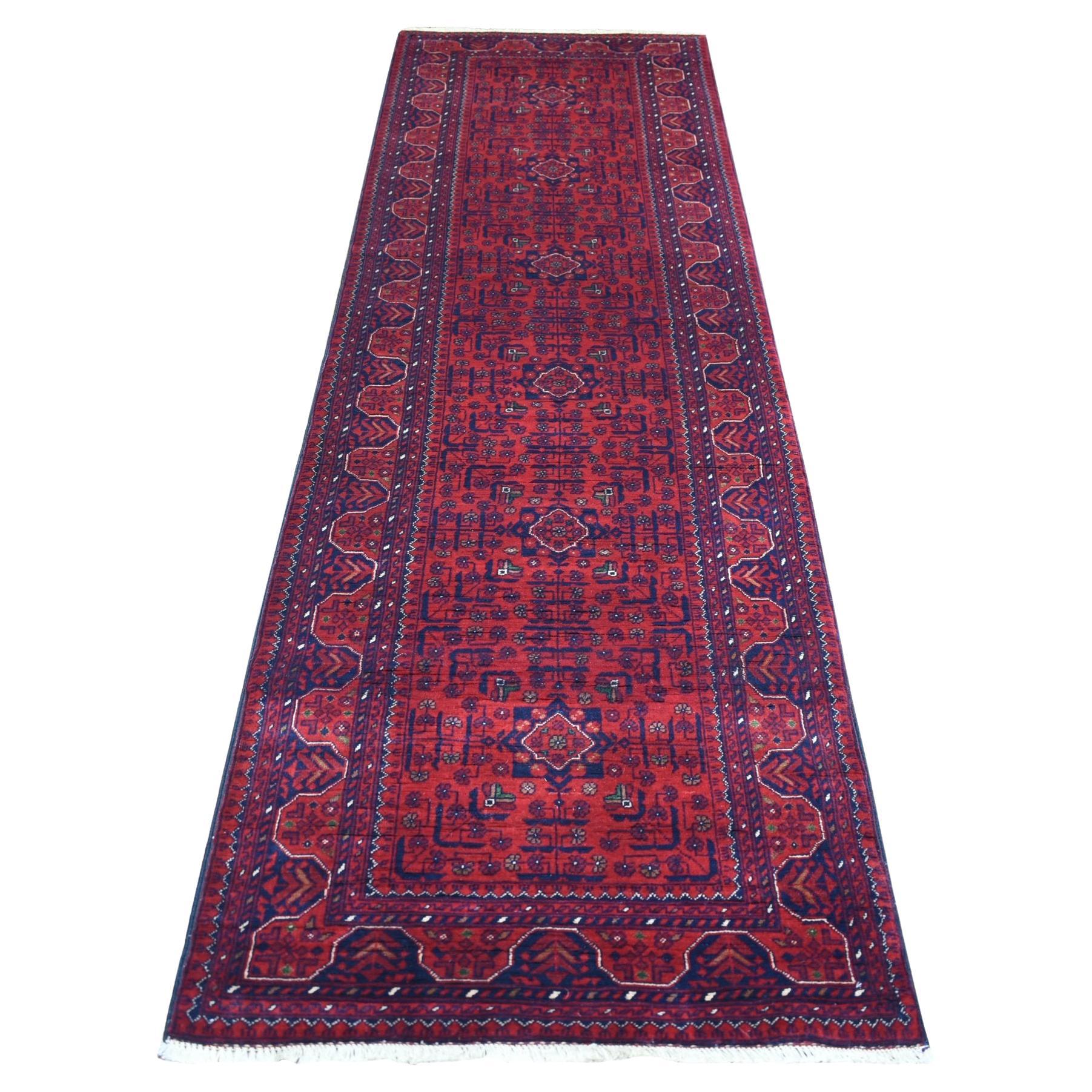 2'10"x9'9" Deep and Saturated Red, Hand Knotted Afghan Khamyab Wool Runner Rug