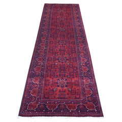 2'10"x9'9" Deep and Saturated Red, Hand Knotted Afghan Khamyab Wool Runner Rug