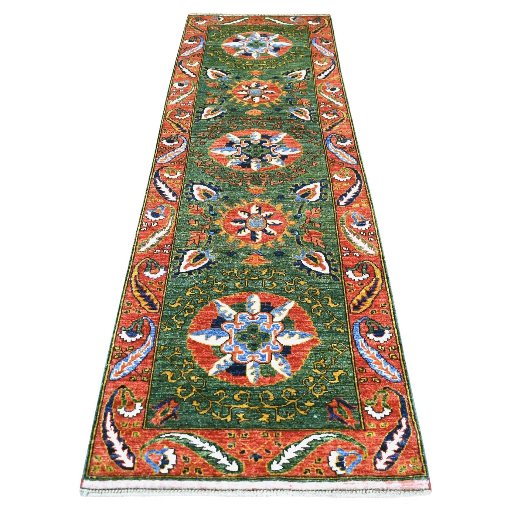 2'10 "x9'9" Vert olive, tapis de course en laine douce nouée à la main Turkeman Ersari Rugs en vente