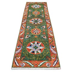 2'10"x9'9" Olive Green, Soft Wool Hand Knotted Turkeman Ersari Runner Rug