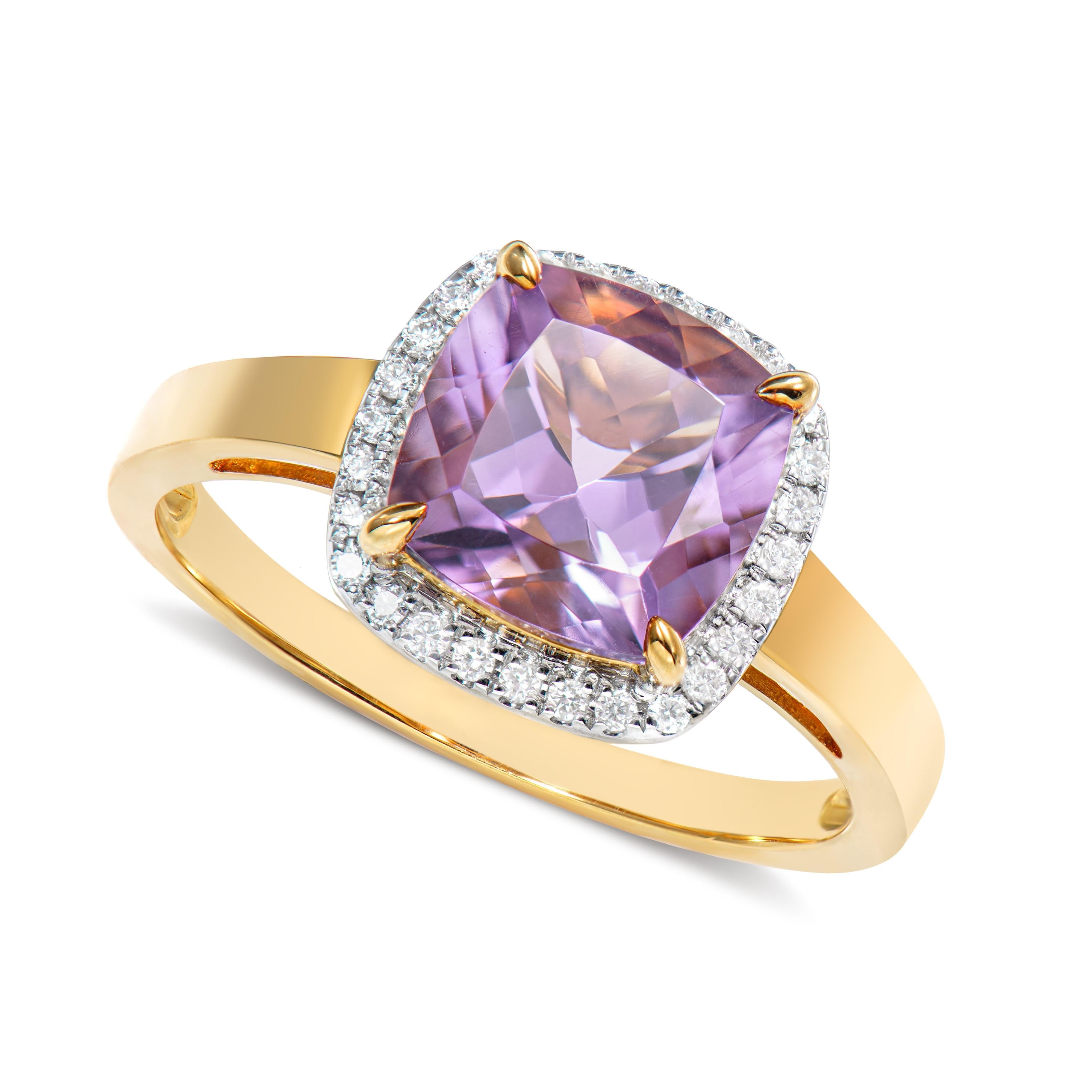 Contemporary 2.11 Carat Amethyst Fancy Ring in 18Karat Yellow Gold with White Diamond.   For Sale