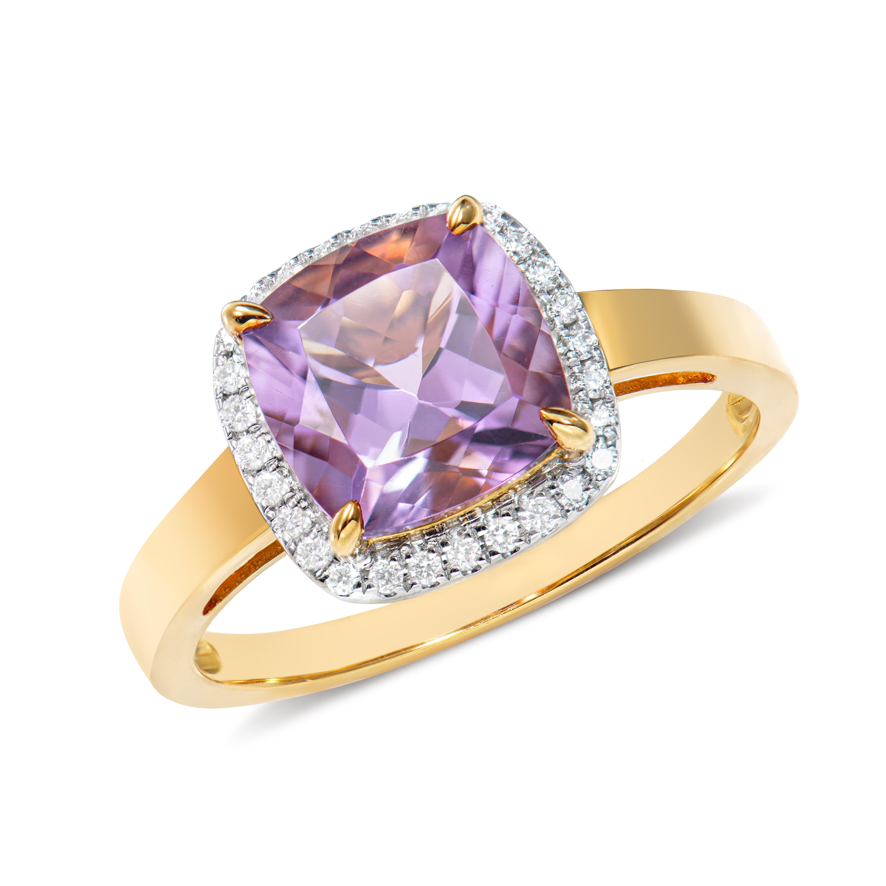 2,11 Karat Amethyst Fancy Ring aus 18 Karat Gelbgold mit weißem Diamant.   (Kissenschliff) im Angebot