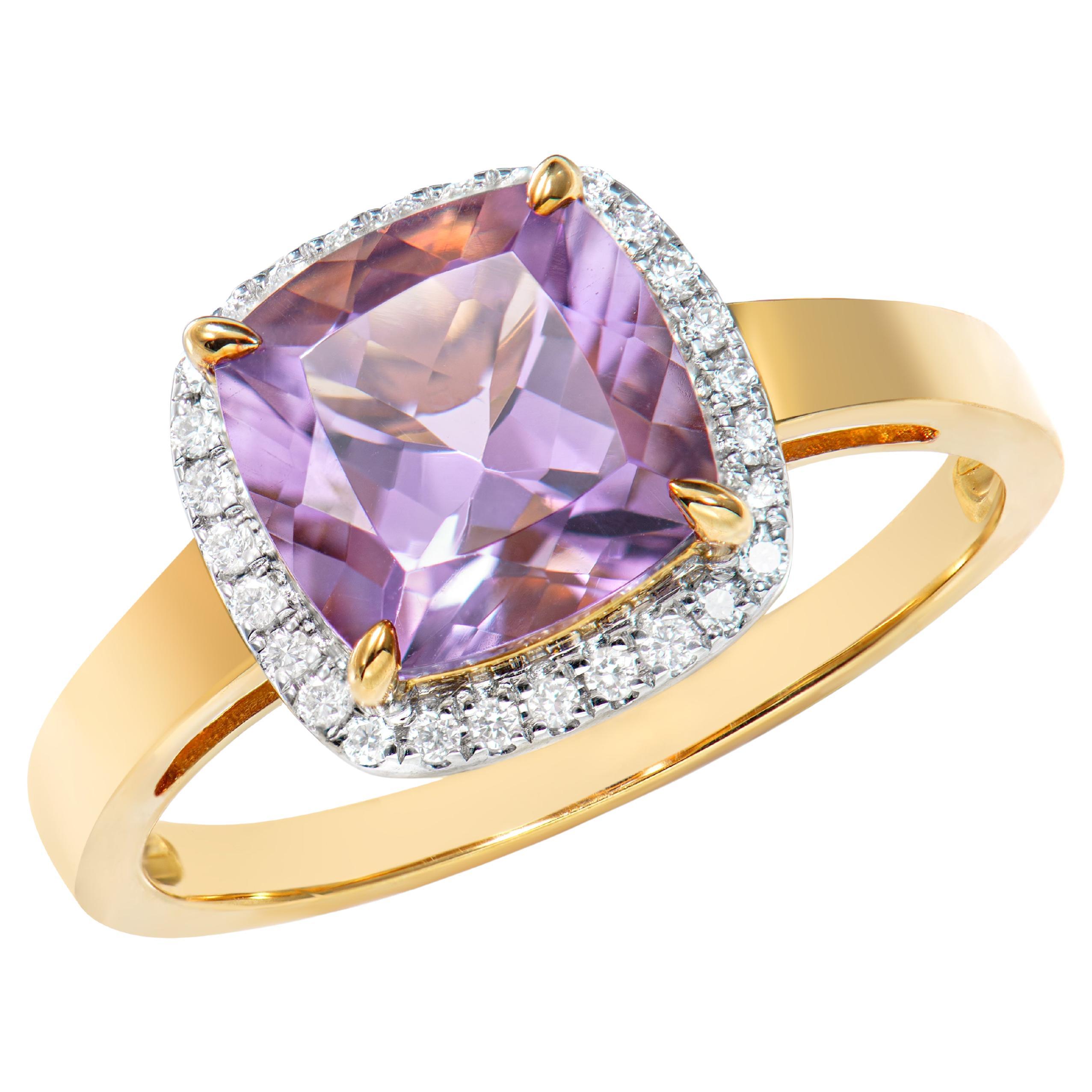 2,11 Karat Amethyst Fancy Ring aus 18 Karat Gelbgold mit weißem Diamant.   im Angebot