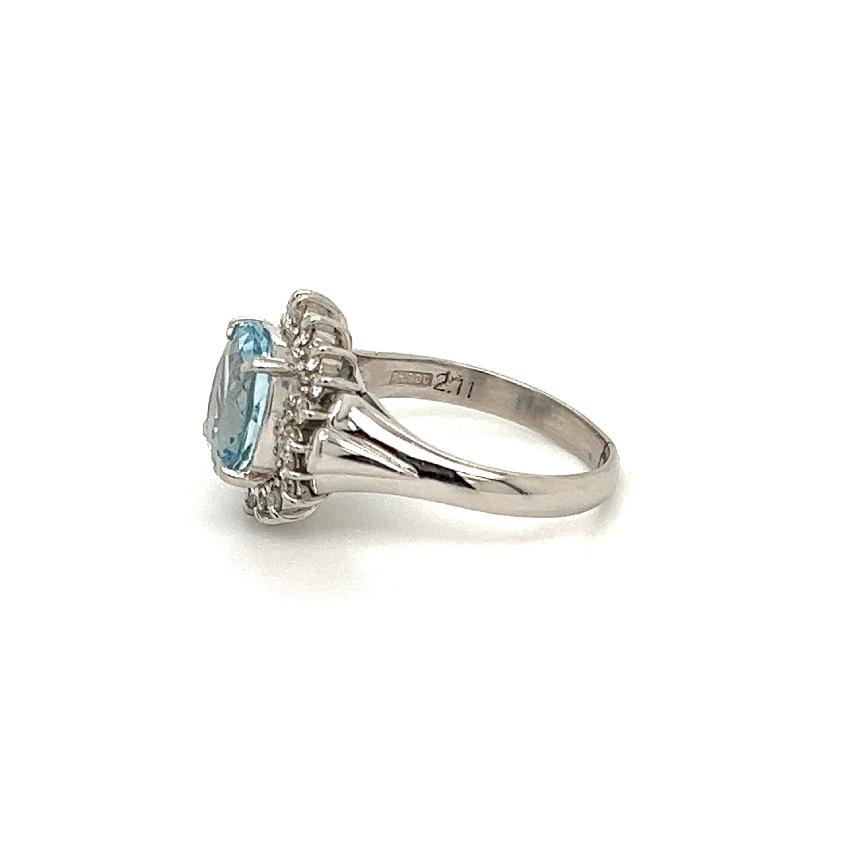 Women's 2.11 Carat Aquamarine and Diamond Platinum Ring For Sale