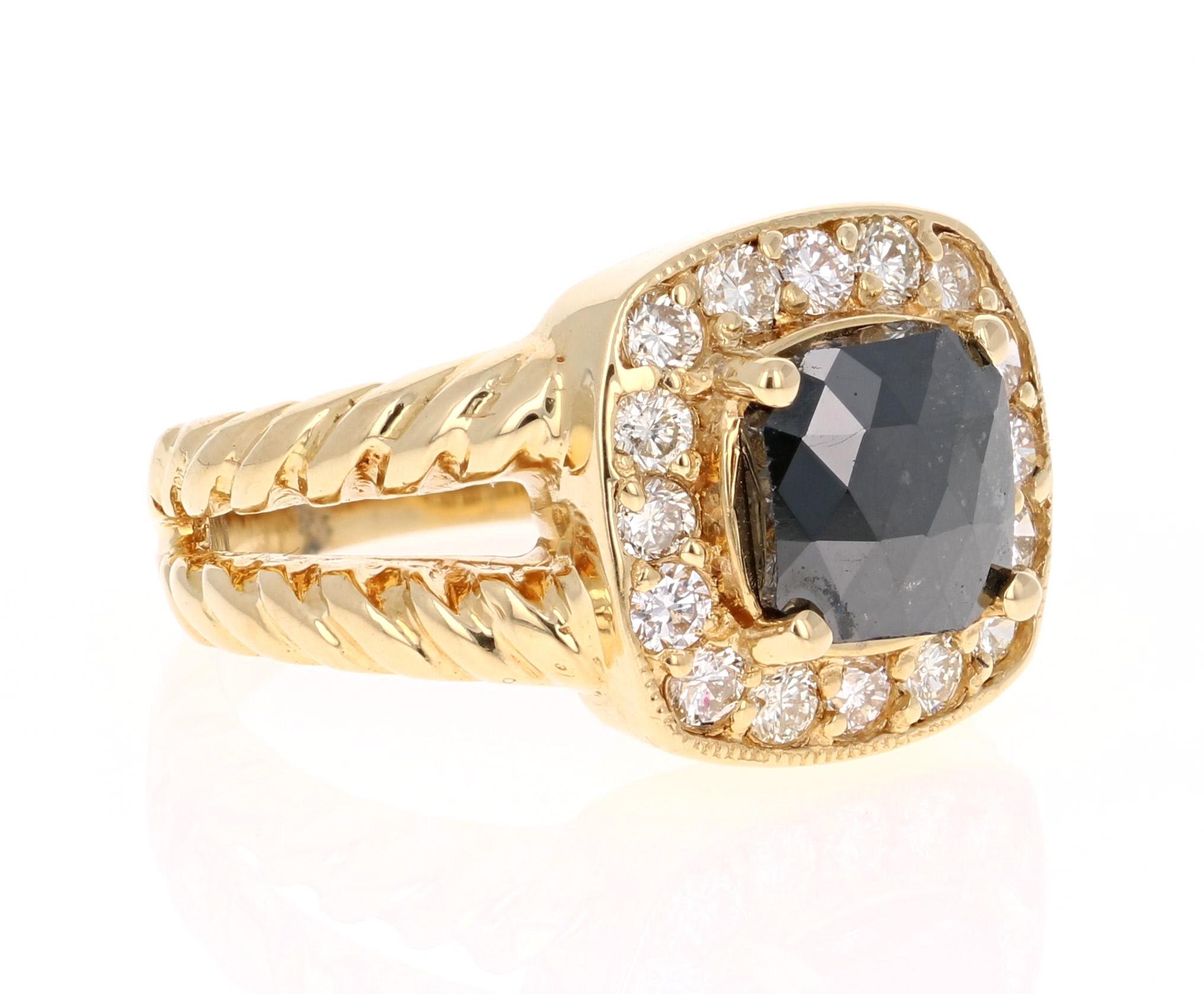 Modern 2.11 Carat Black Diamond 18 Karat Yellow Gold Bridal Ring