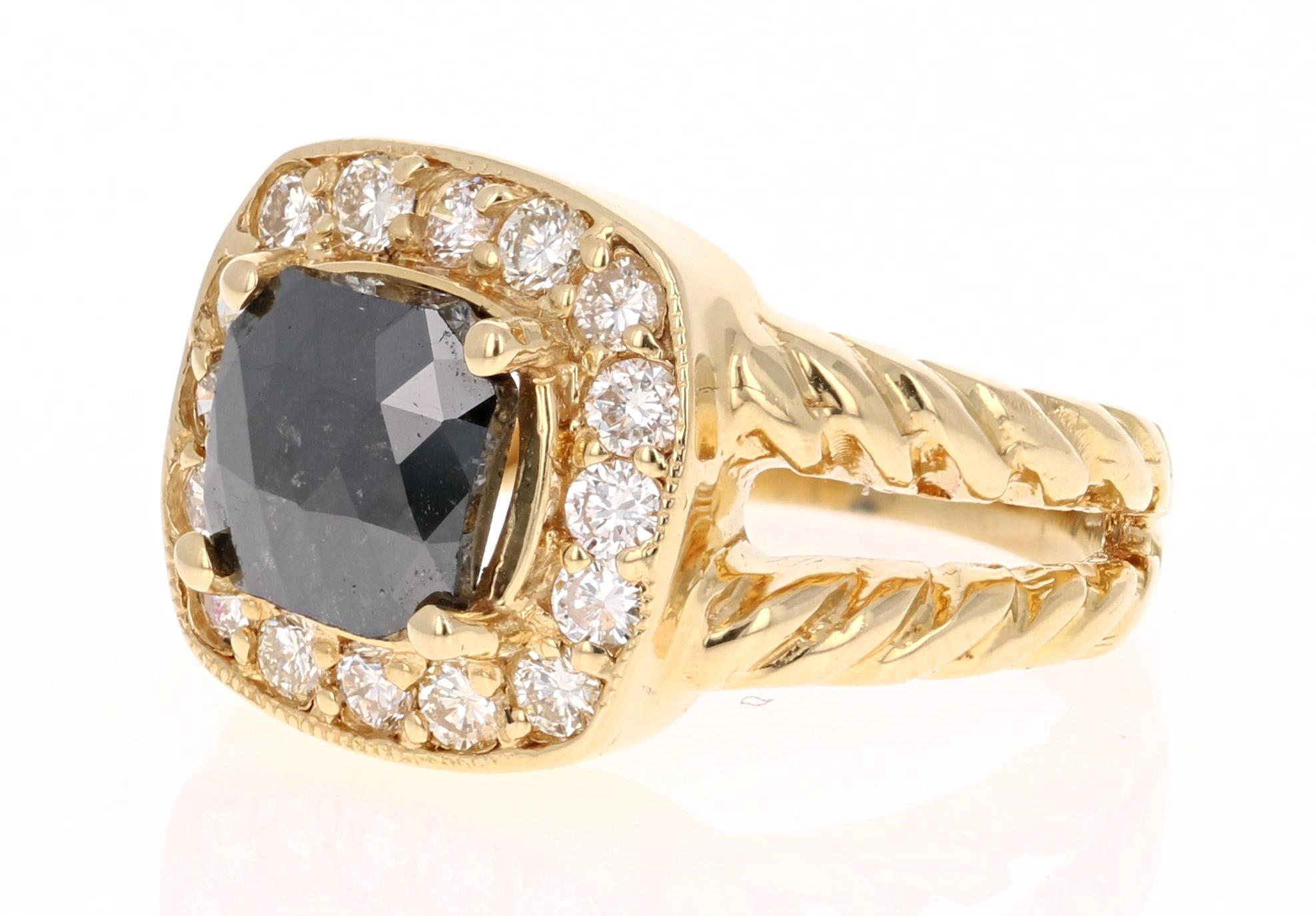 2.11 Carat Black Diamond 18 Karat Yellow Gold Bridal Ring In New Condition In Los Angeles, CA