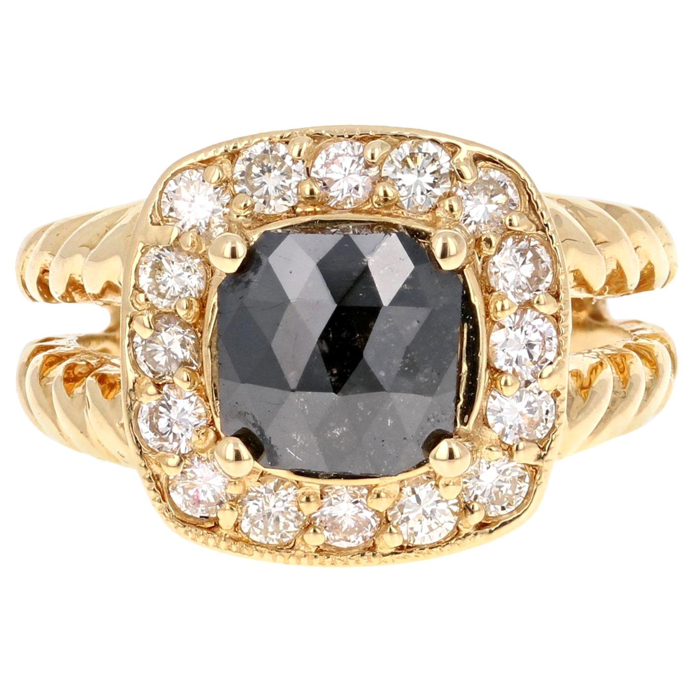 2.11 Carat Black Diamond 18 Karat Yellow Gold Bridal Ring