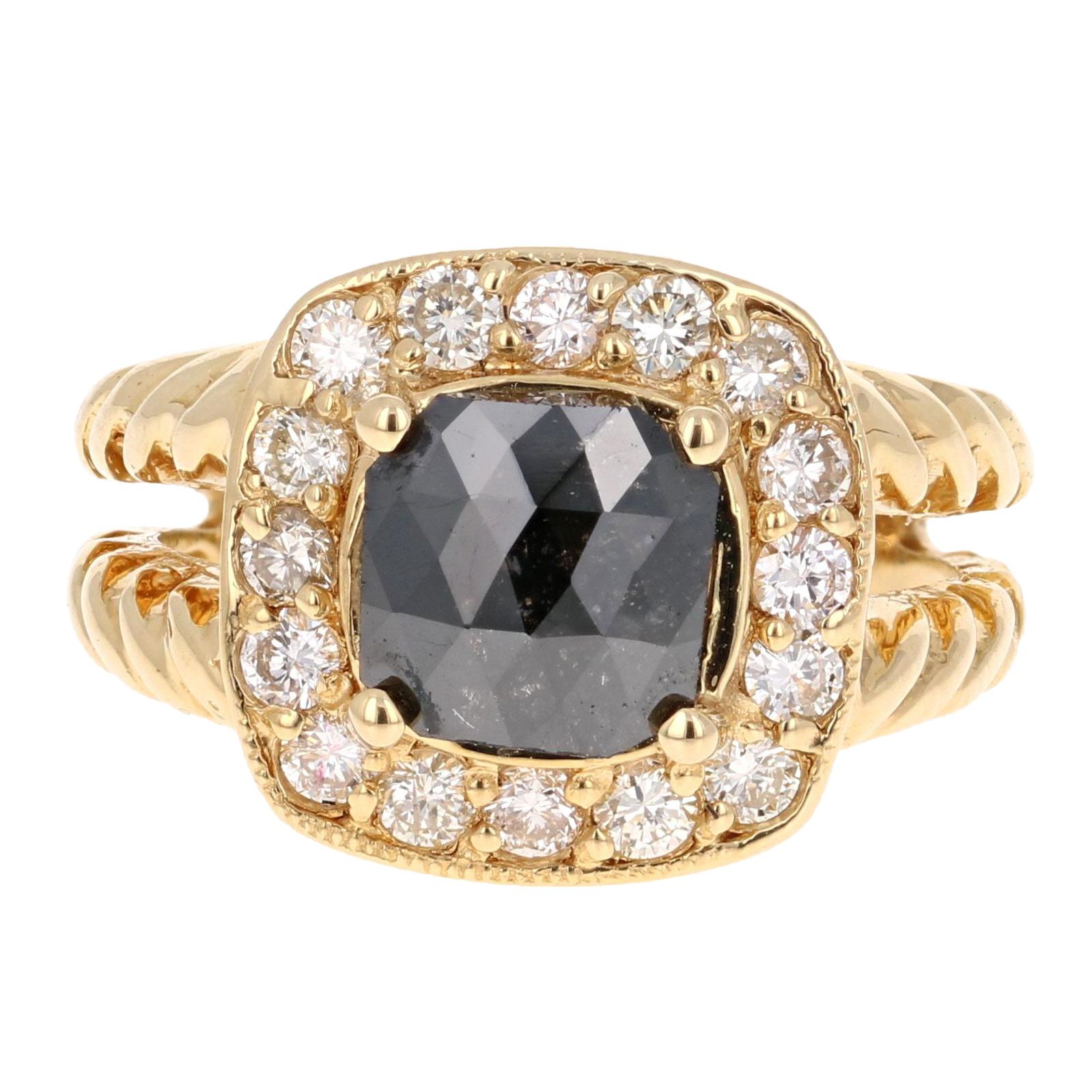 2.11 Carat Black Diamond 18 Karat Yellow Gold Ring 