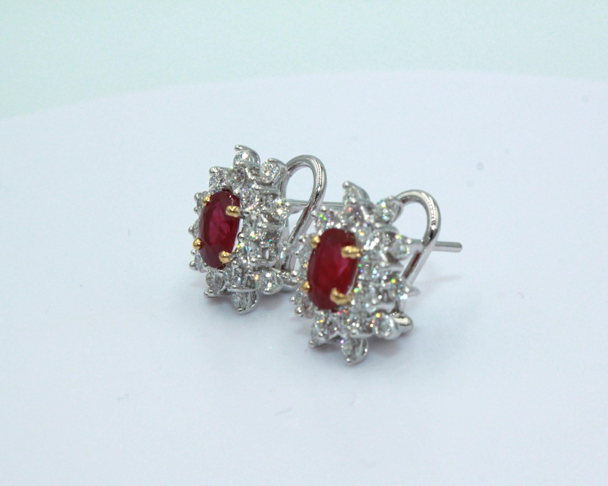 Oval Cut 2.11 Carat Burma Ruby & Diamond Earring  For Sale