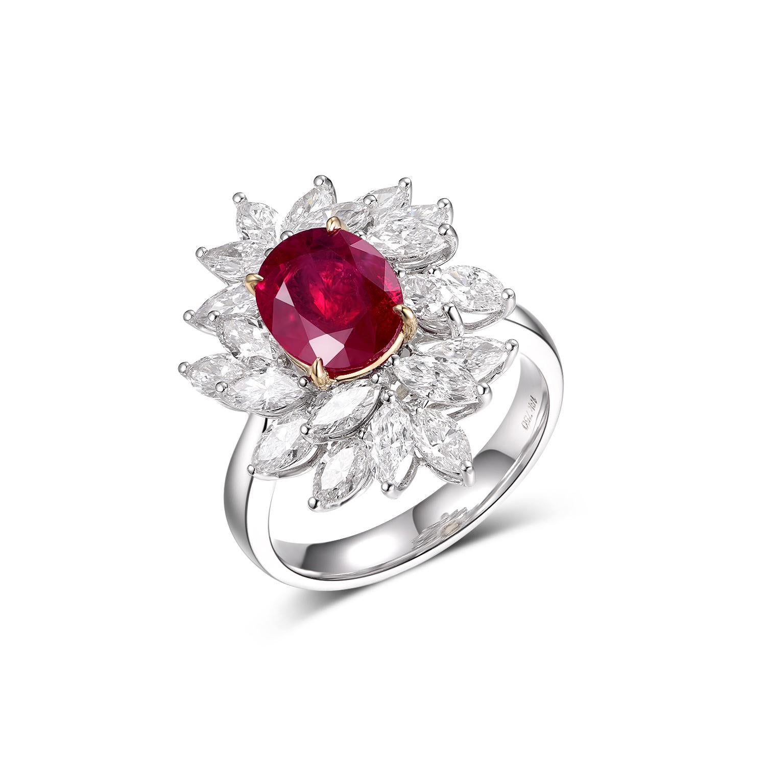 Emanating an air of timeless elegance, this Ruby Diamond ring is a mesmerizing fusion of luxury and sophistication. Meticulously set in a gleaming 18 karat white gold setting, every element of this piece accentuates its regal aura.

Taking center