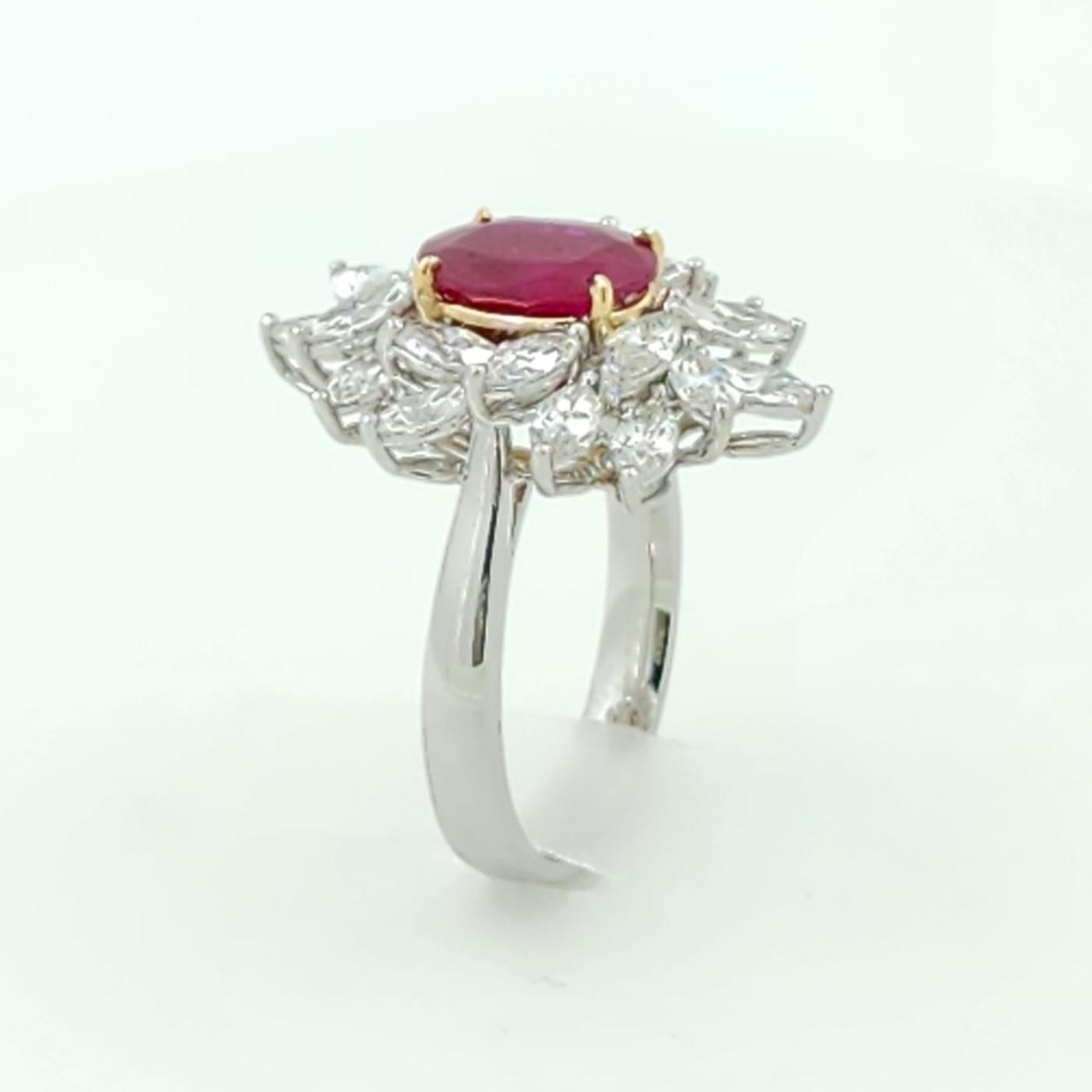 Contemporary GIA Certified 2.11 Carat Burma Ruby Diamond Ring in 18 Karat White Gold For Sale