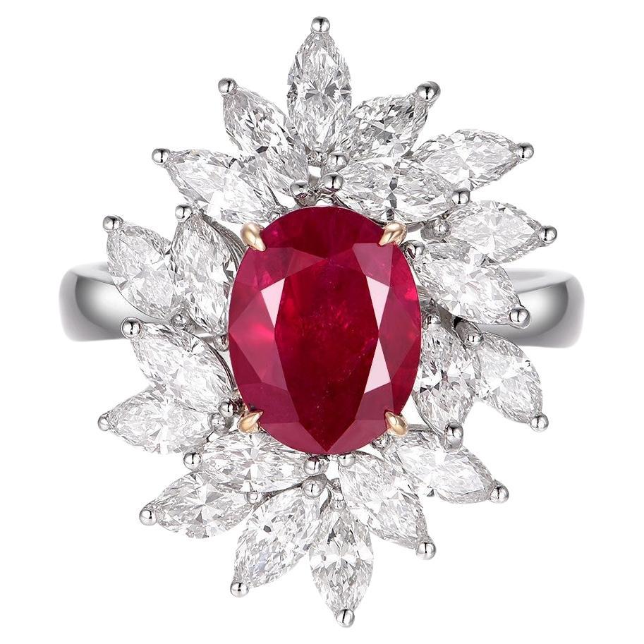 GIA Certified 2.11 Carat Burma Ruby Diamond Ring in 18 Karat White Gold