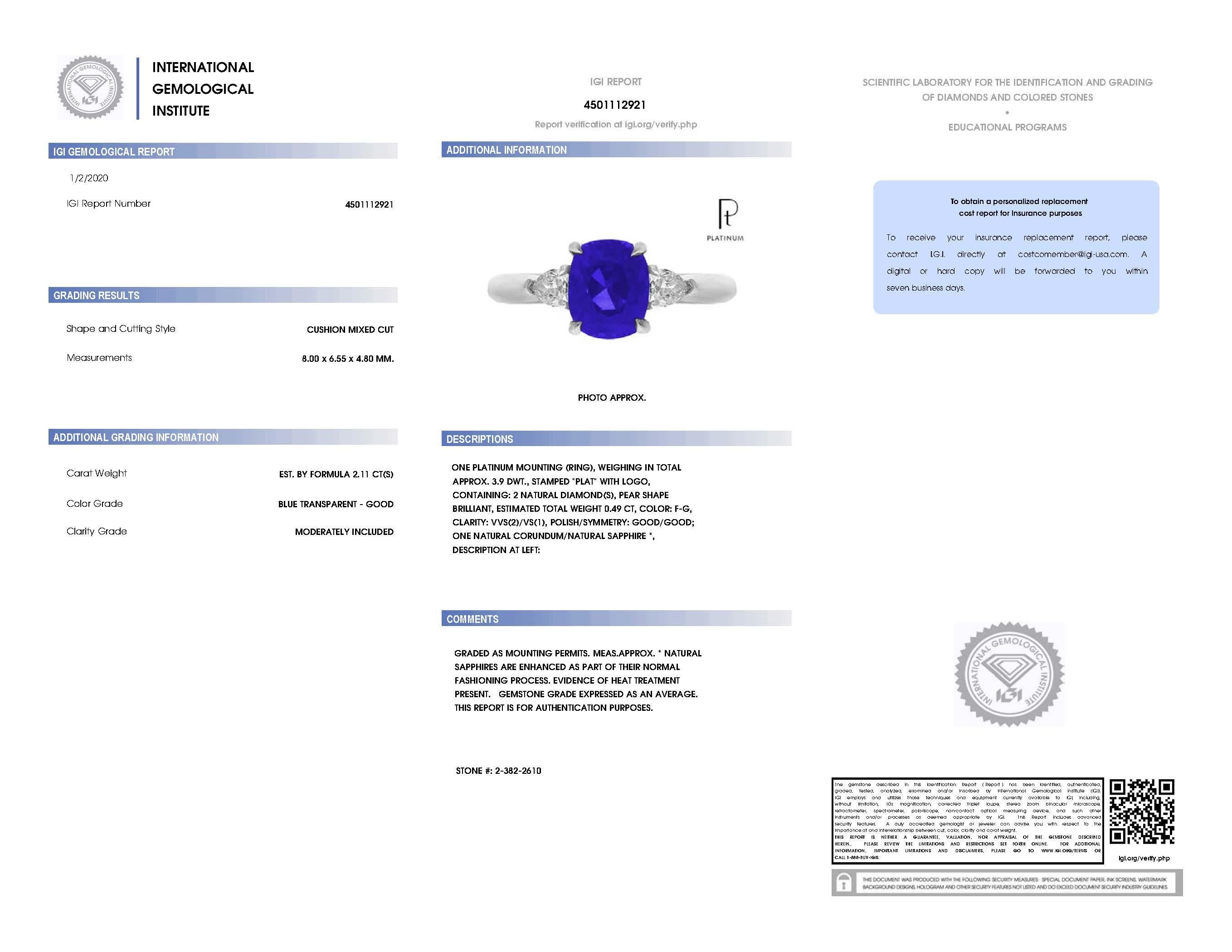 2.11 Carat Cushion Blue Sapphire and Diamond Ring In New Condition In New York, NY