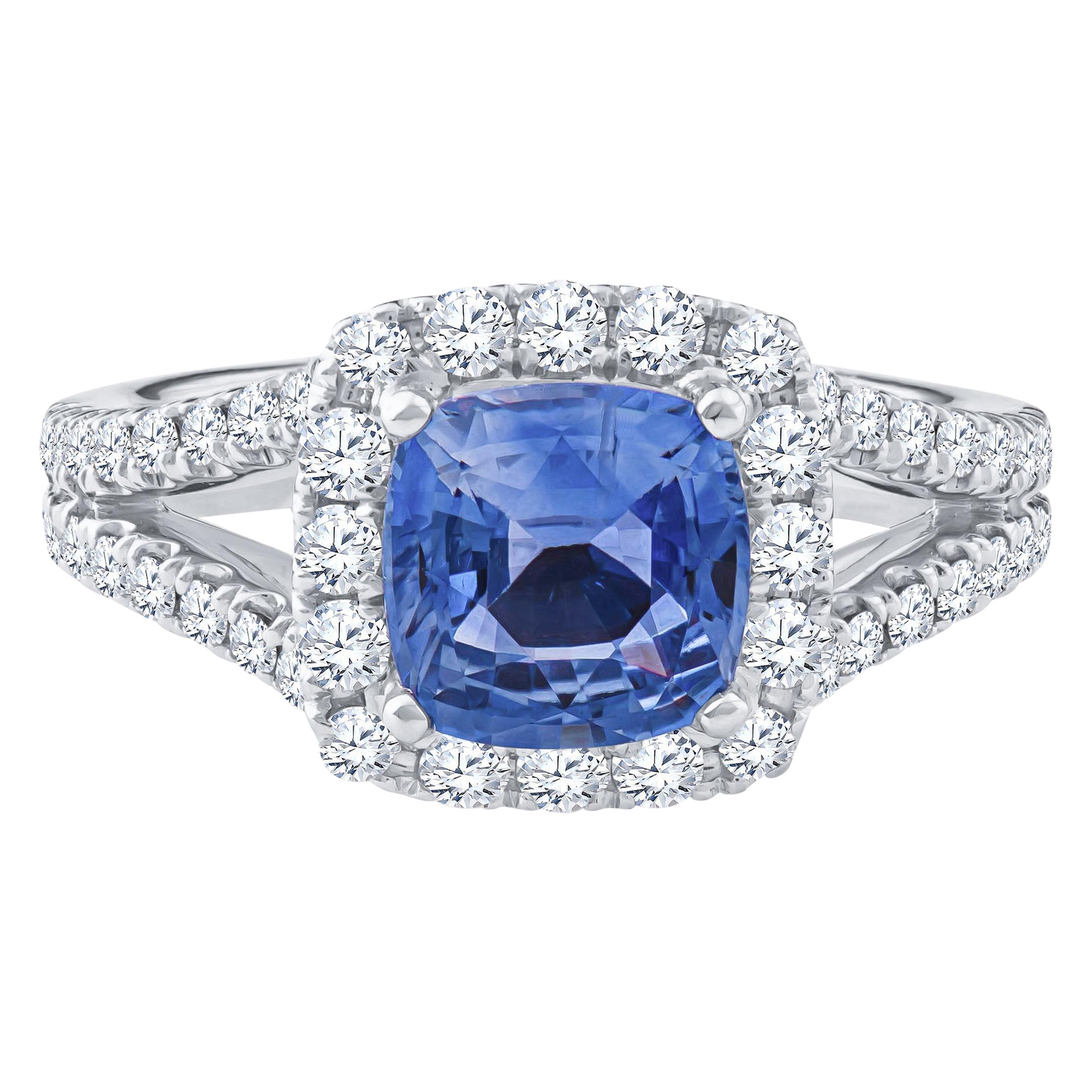 2.11 Carat Cushion Cut Sri Lanka Blue Sapphire GIA Lab Report 18K Diamond Ring 