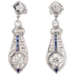 Antique 2.11 Carat Diamond Sapphire Platinum Art Deco Dangle Earrings