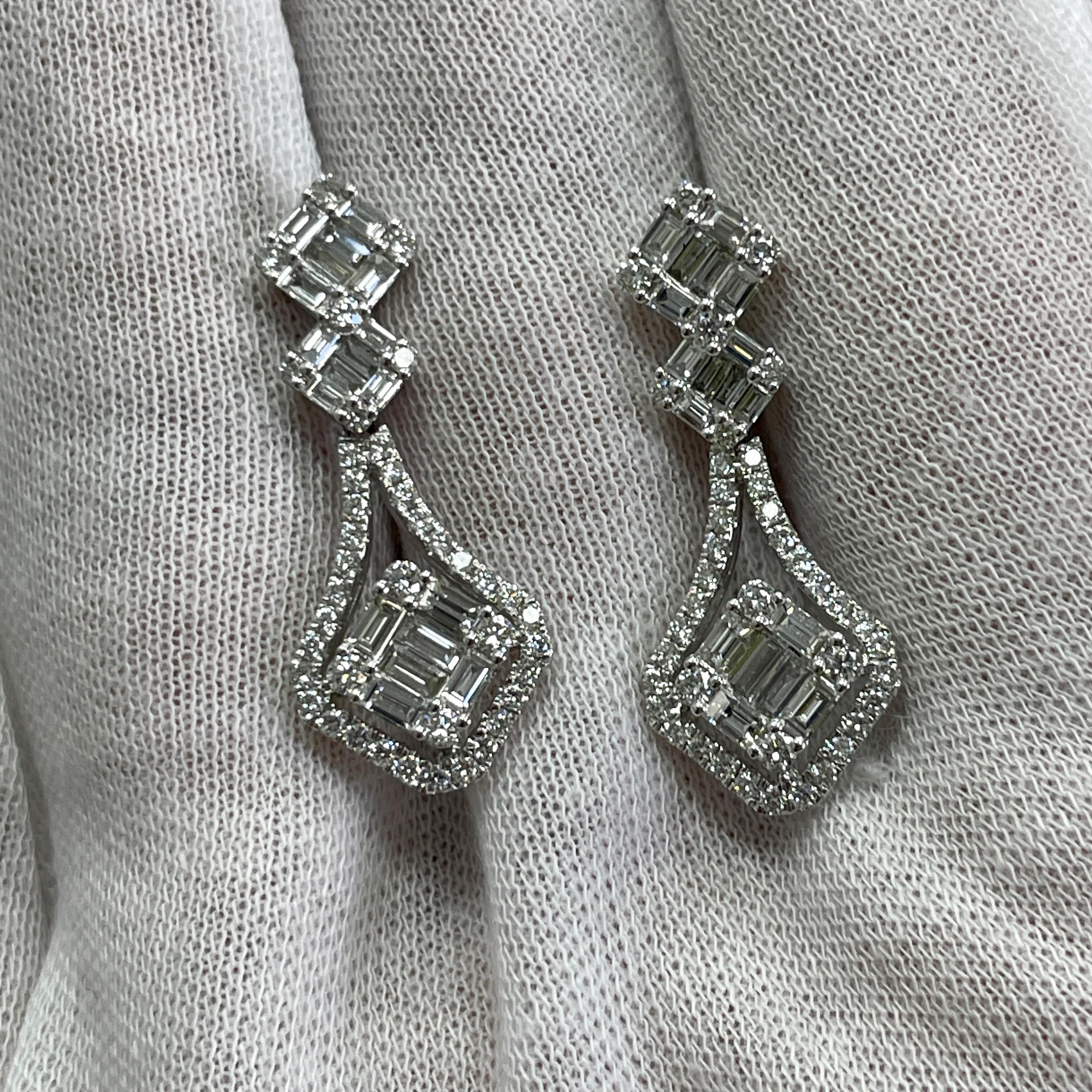 Classic baguette and round diamond dangling earrings