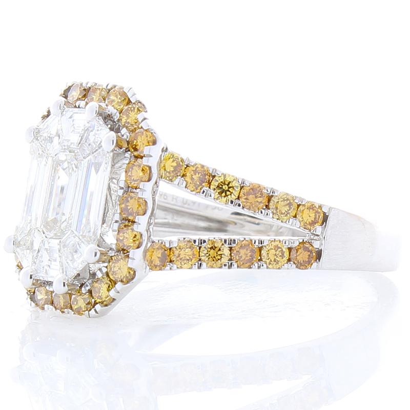 Contemporary 2.11 Carat Emerald Cut Diamond & Fancy Yellow Diamond Cocktail Ring In 18 K Gold