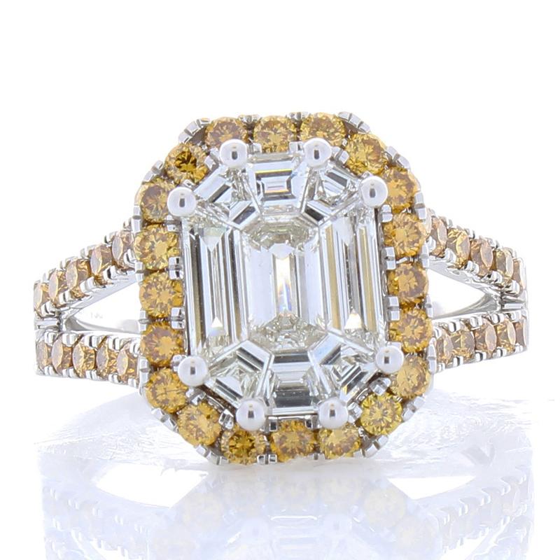 Women's 2.11 Carat Emerald Cut Diamond & Fancy Yellow Diamond Cocktail Ring In 18 K Gold