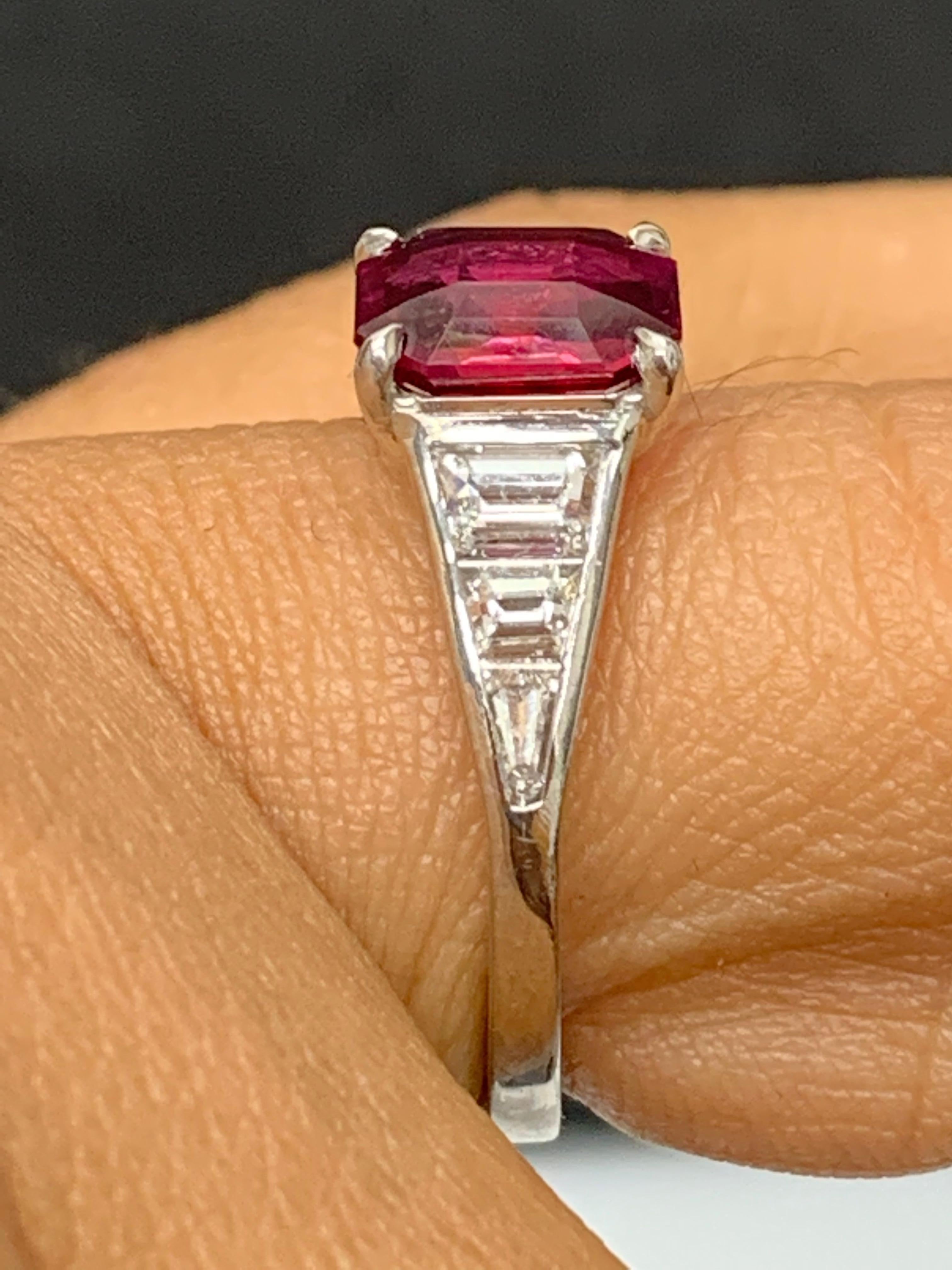 2.11 Carat Emerald Cut Ruby and Diamond Engagement Ring in Platinum For Sale 5