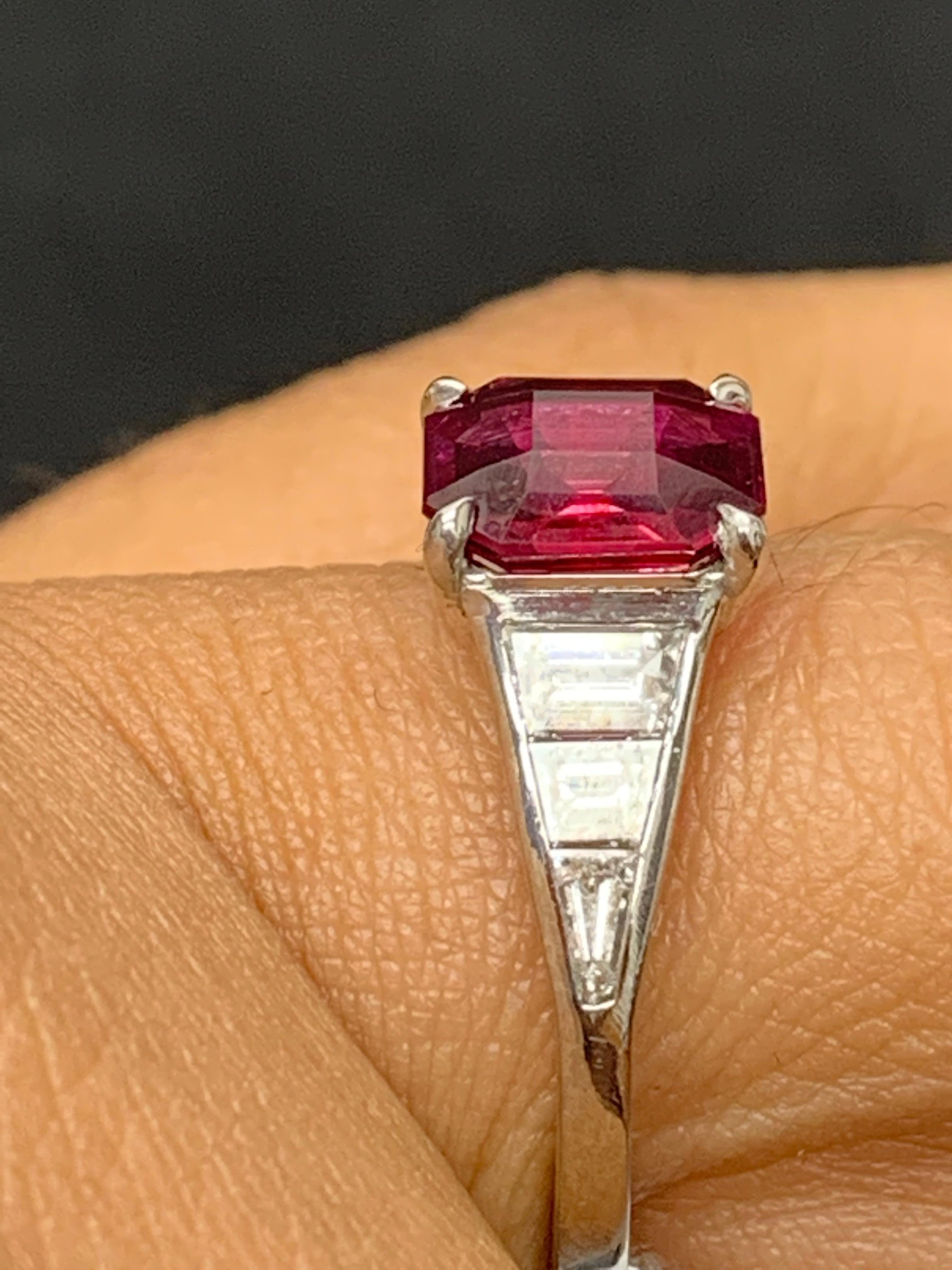2.11 Carat Emerald Cut Ruby and Diamond Engagement Ring in Platinum For Sale 6