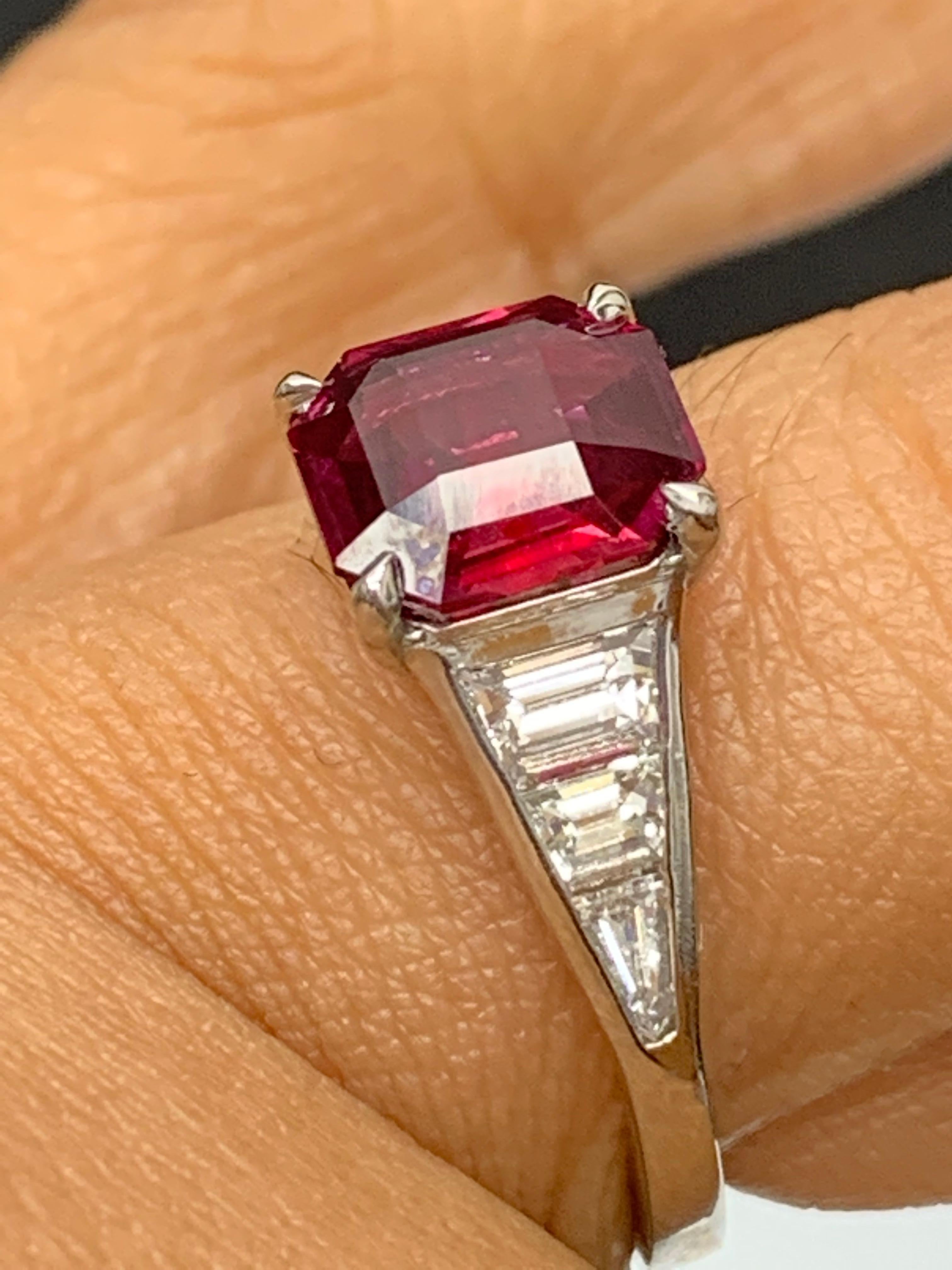 2.11 Carat Emerald Cut Ruby and Diamond Engagement Ring in Platinum For Sale 7