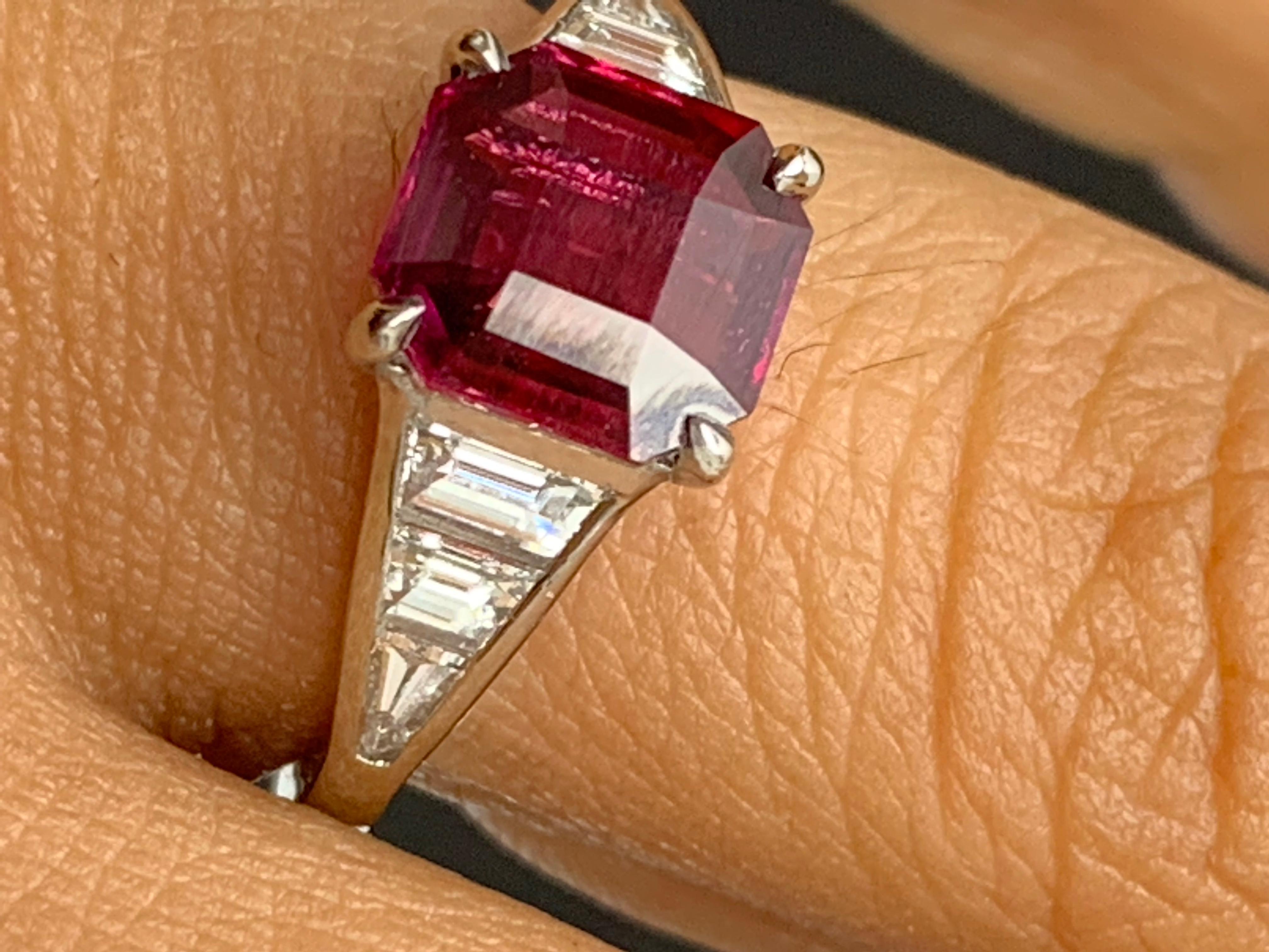 2.11 Carat Emerald Cut Ruby and Diamond Engagement Ring in Platinum For Sale 8