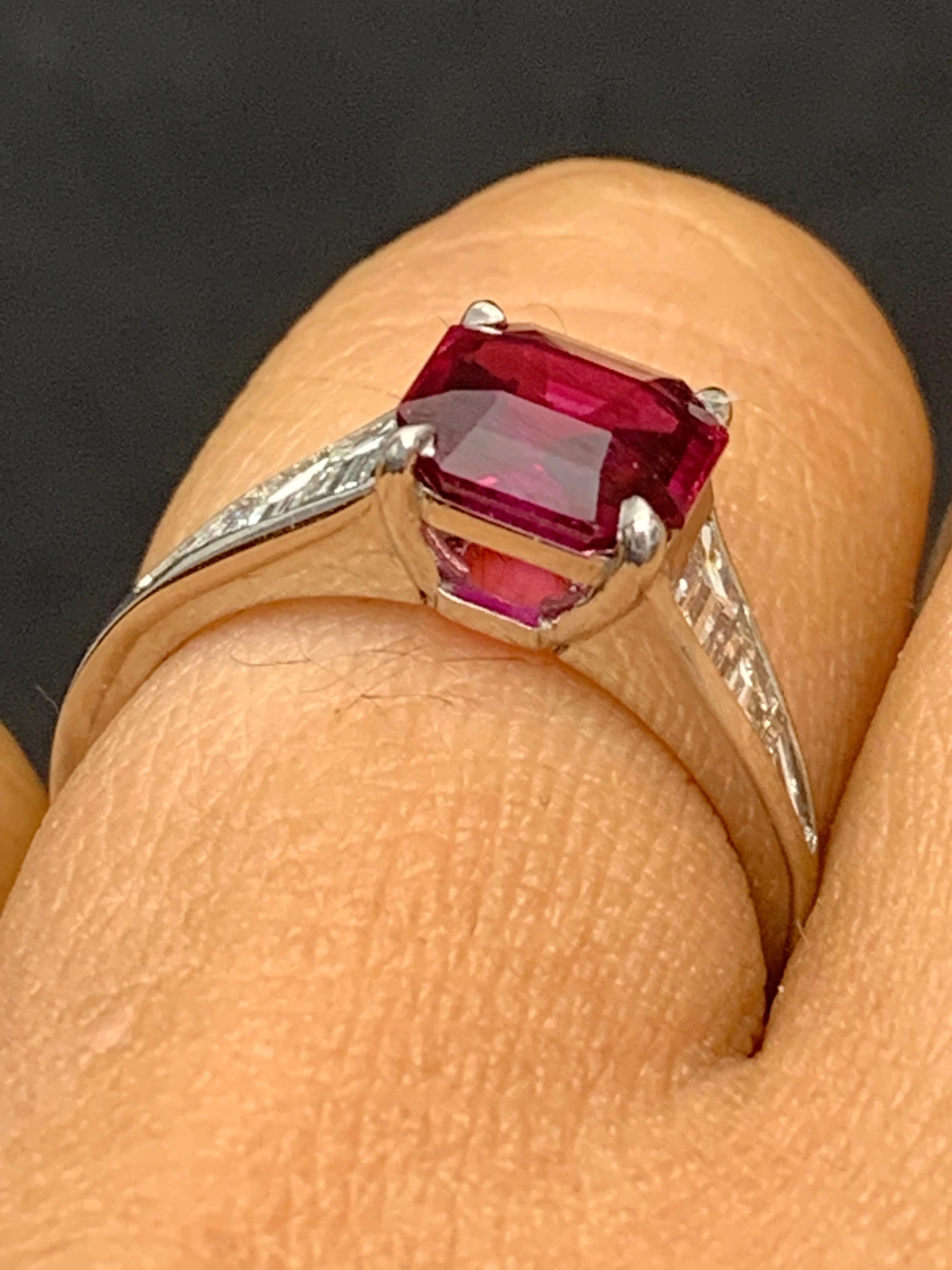 2.11 Carat Emerald Cut Ruby and Diamond Engagement Ring in Platinum For Sale 10