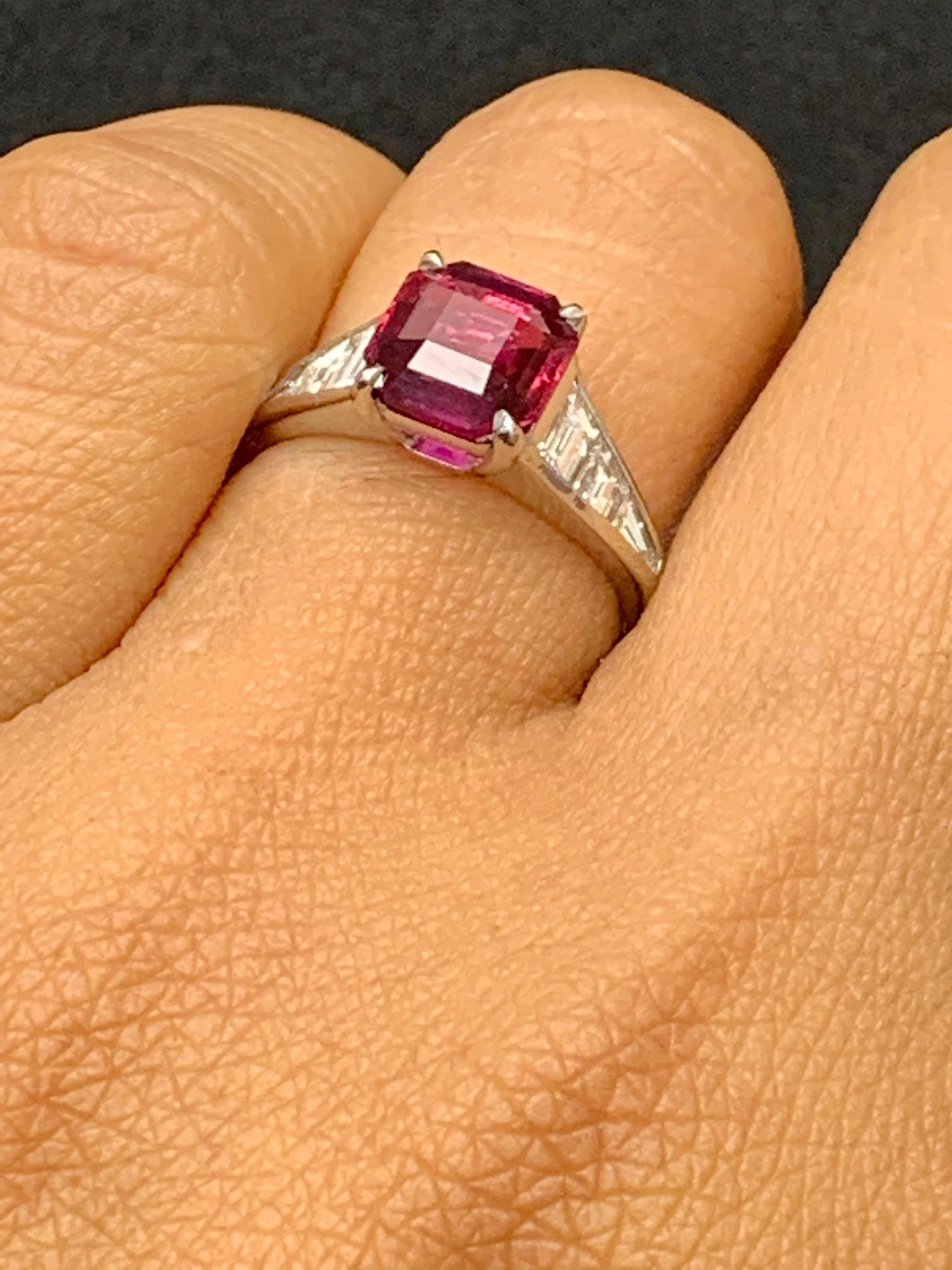 2.11 Carat Emerald Cut Ruby and Diamond Engagement Ring in Platinum For Sale 12