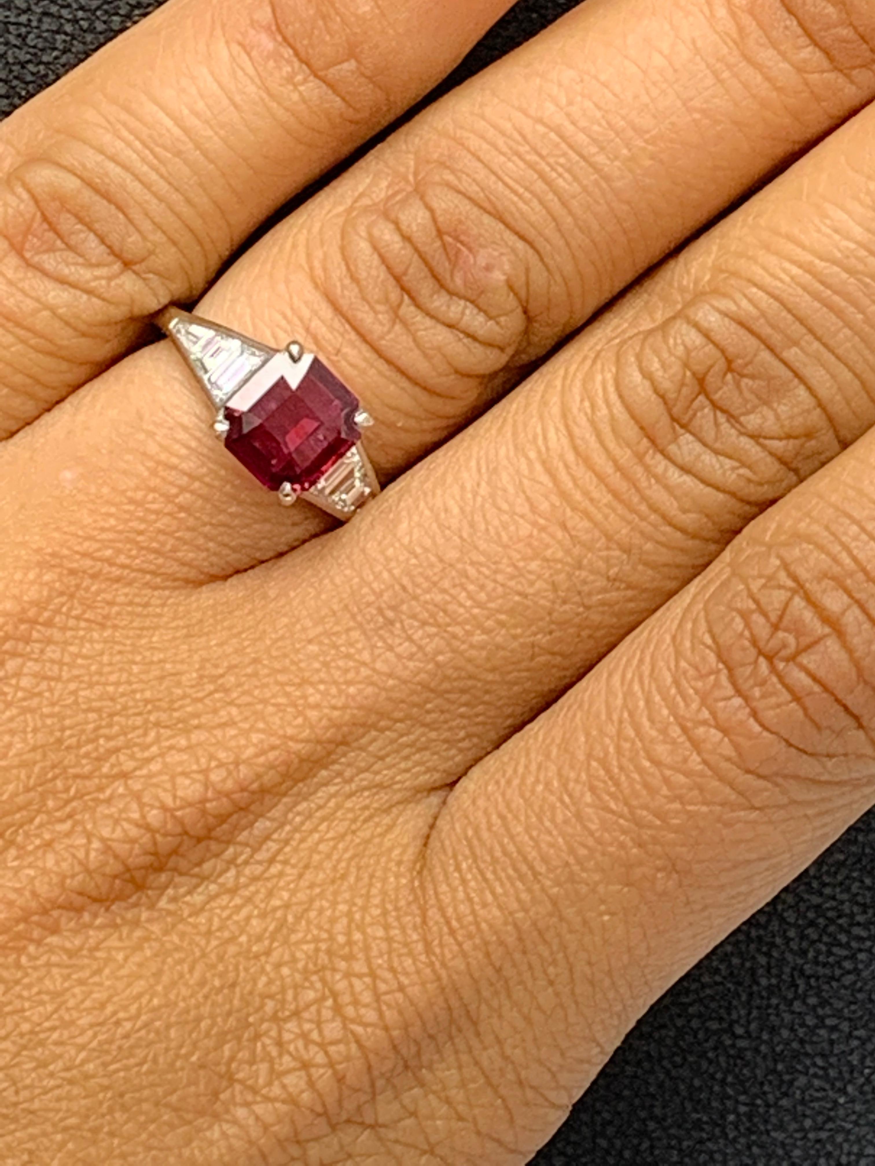 2.11 Carat Emerald Cut Ruby and Diamond Engagement Ring in Platinum For Sale 13