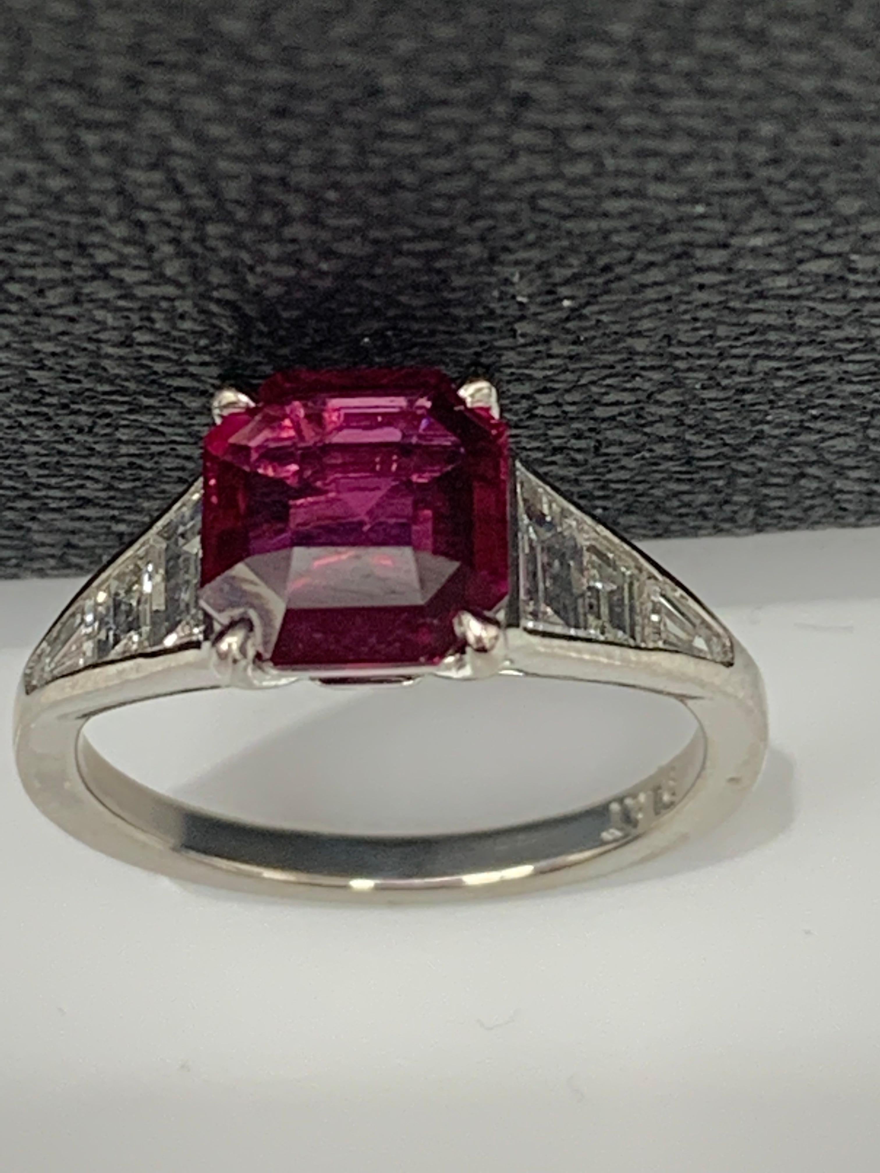 Modern 2.11 Carat Emerald Cut Ruby and Diamond Engagement Ring in Platinum For Sale