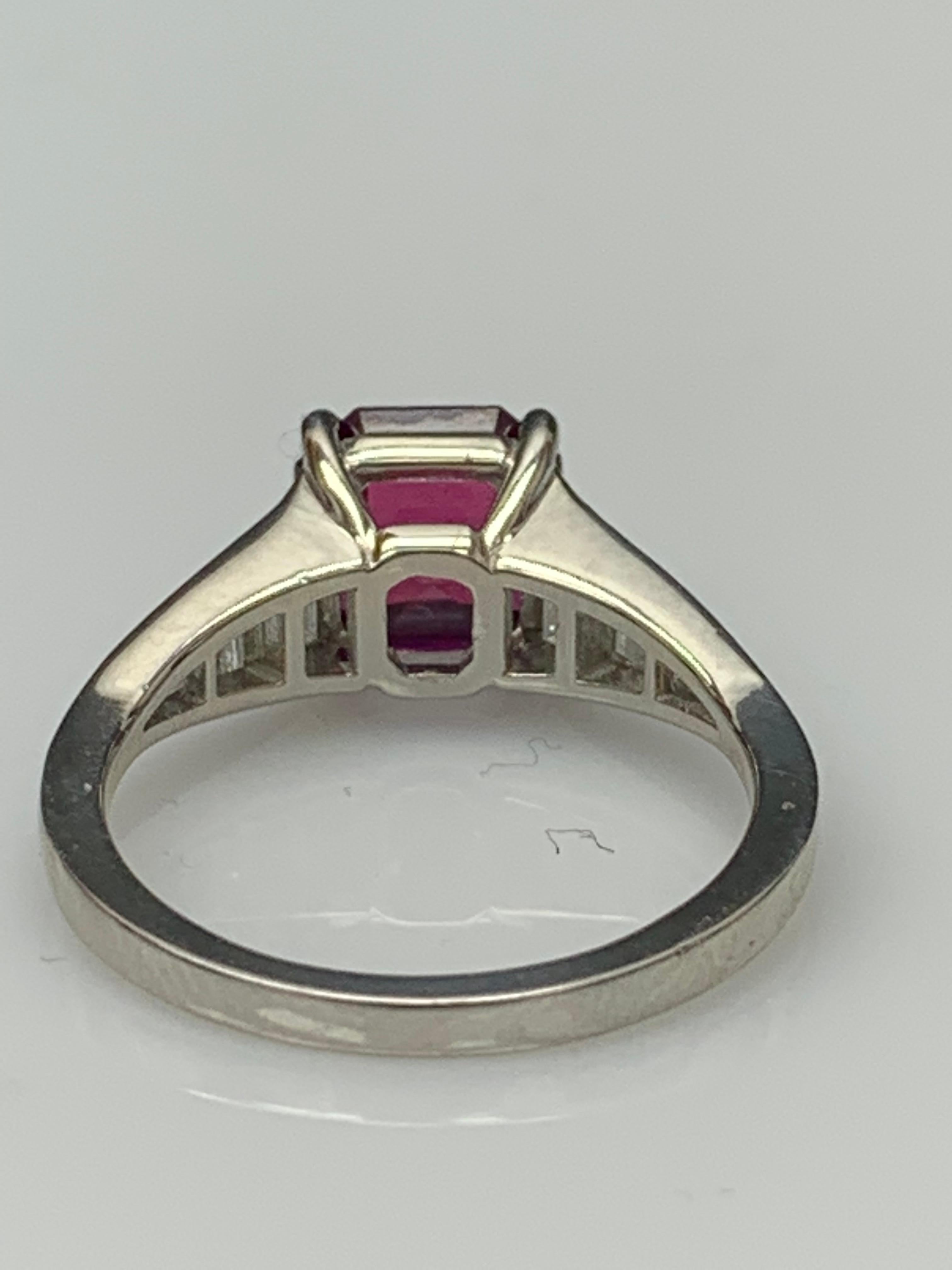 Women's 2.11 Carat Emerald Cut Ruby and Diamond Engagement Ring in Platinum For Sale