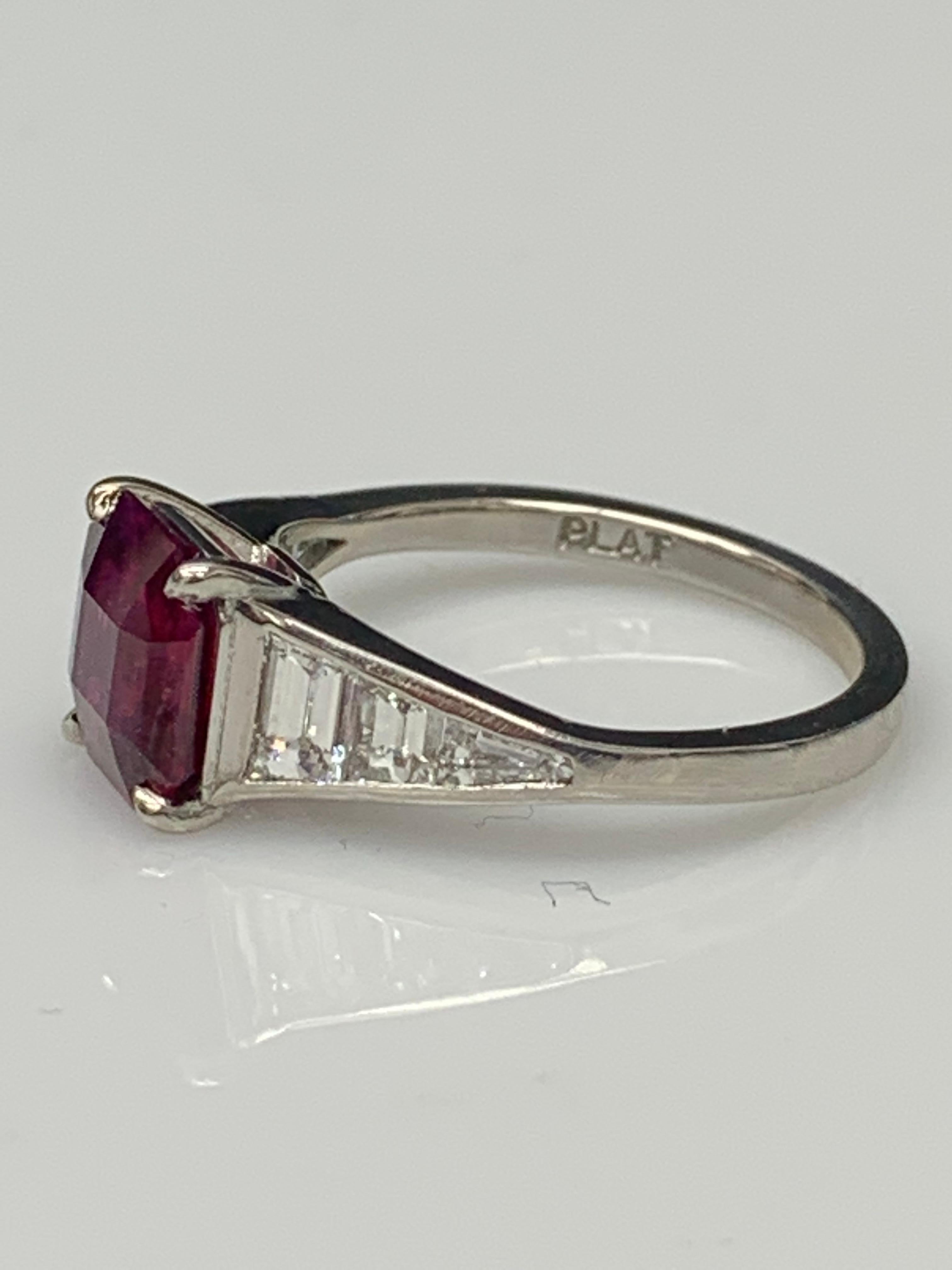 2.11 Carat Emerald Cut Ruby and Diamond Engagement Ring in Platinum For Sale 1