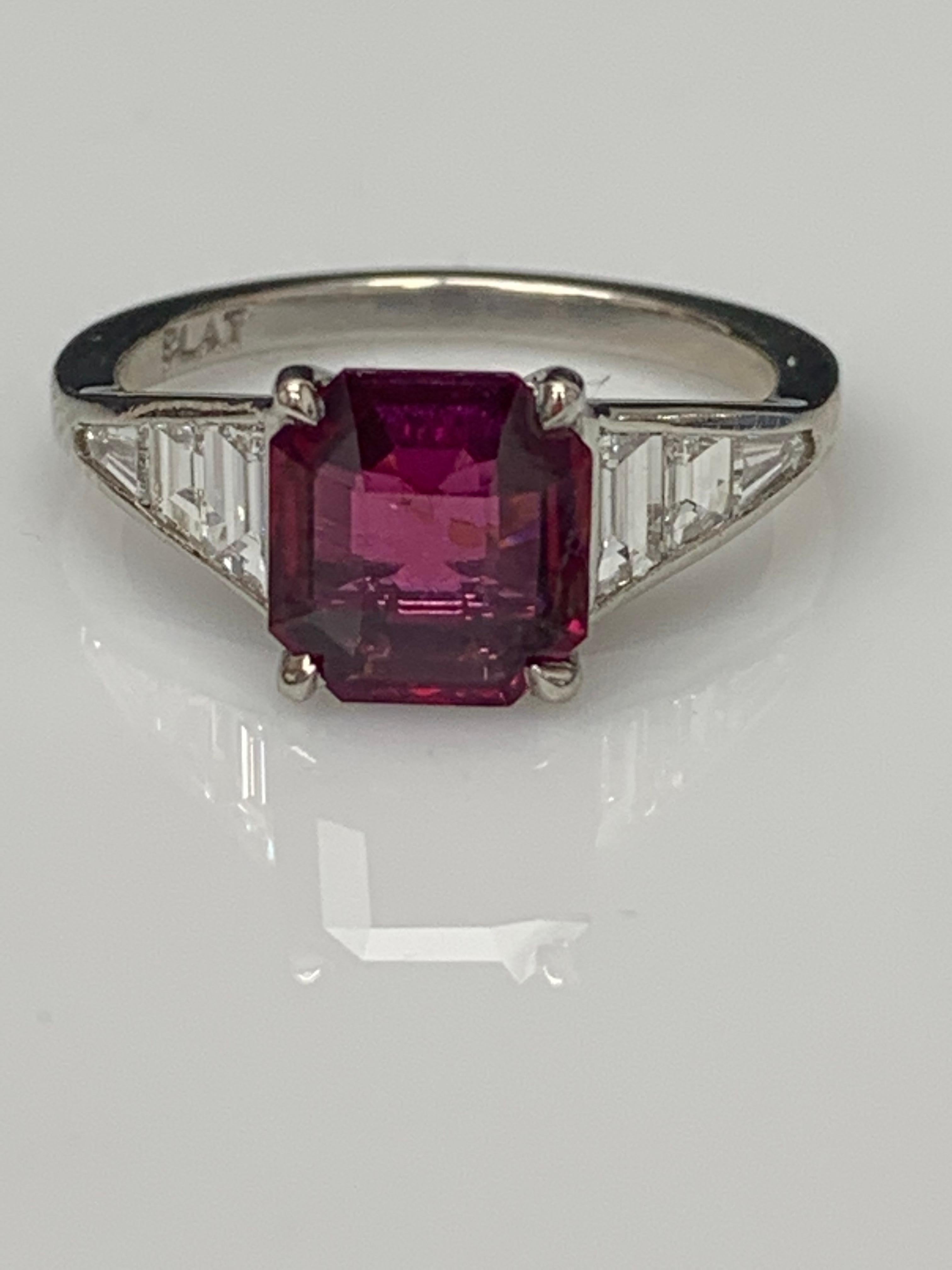 2.11 Carat Emerald Cut Ruby and Diamond Engagement Ring in Platinum For Sale 2