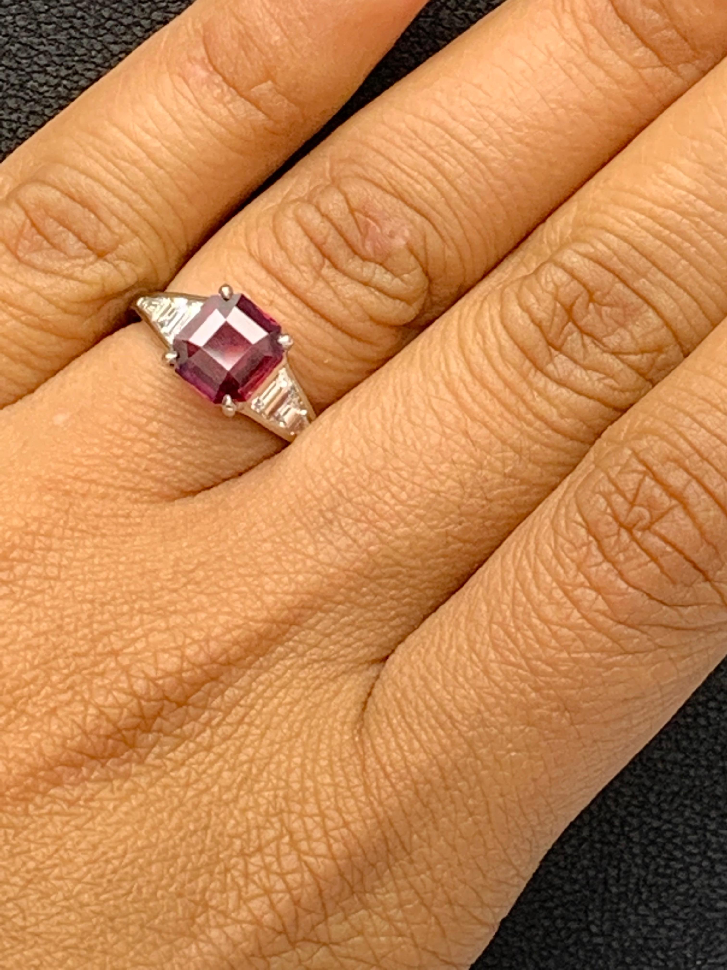 2.11 Carat Emerald Cut Ruby and Diamond Engagement Ring in Platinum For Sale 3