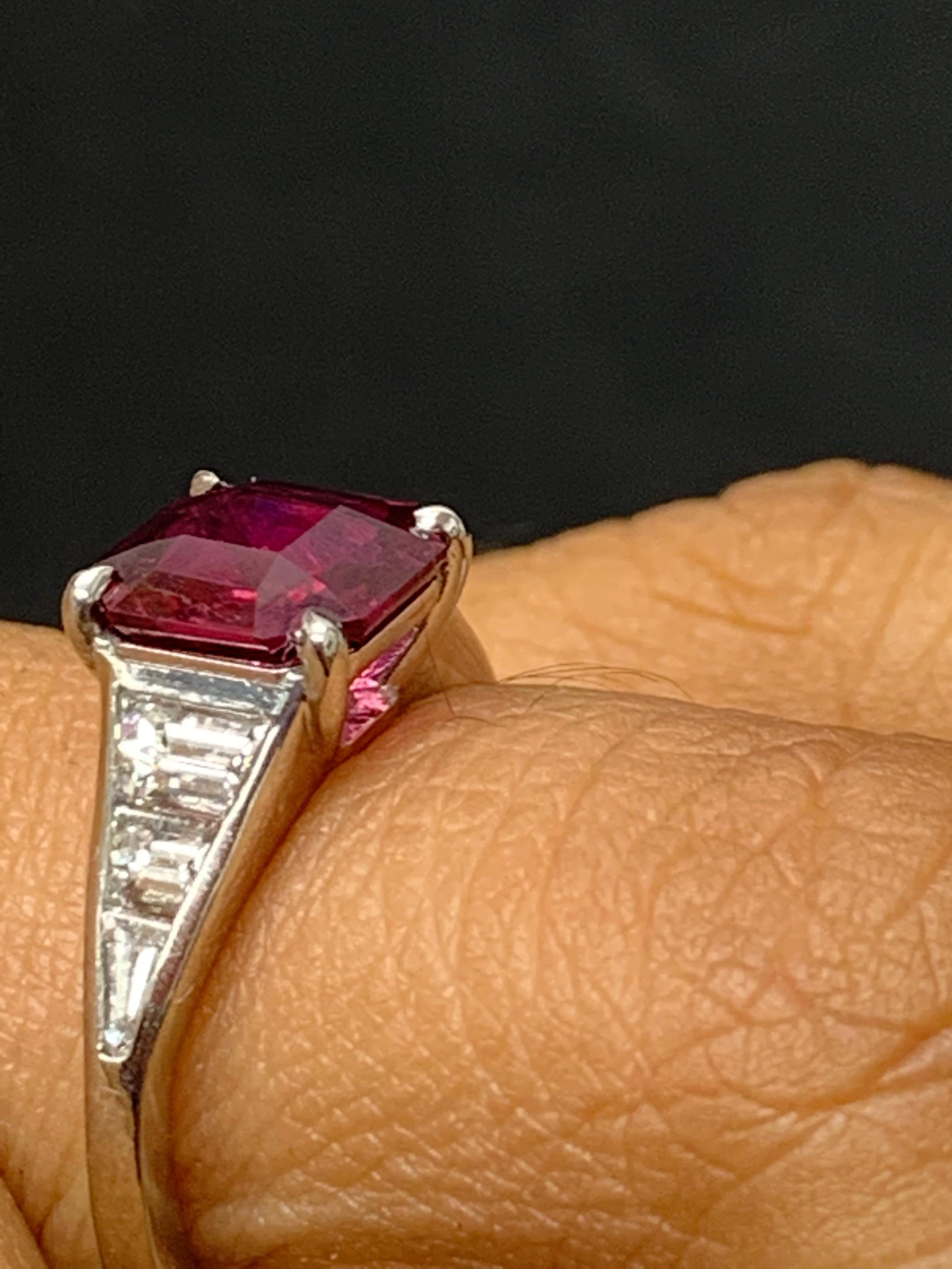 2.11 Carat Emerald Cut Ruby and Diamond Engagement Ring in Platinum For Sale 4