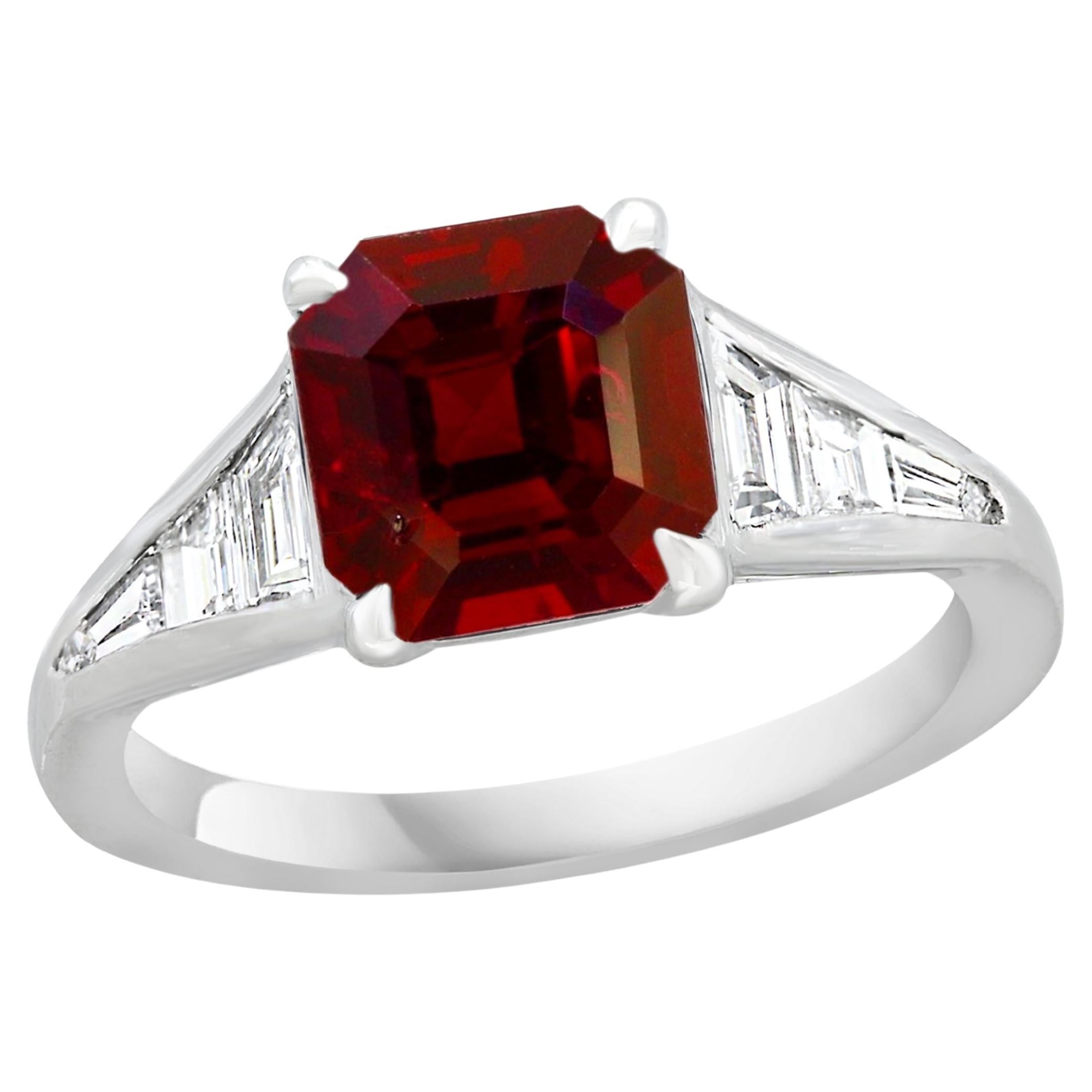 2.11 Carat Emerald Cut Ruby and Diamond Engagement Ring in Platinum For Sale