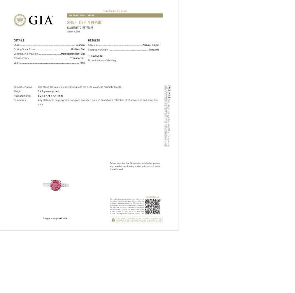2.11 Carat Fine Pink Spinel Diamond Platinum Ring, GIA Certified For Sale 3
